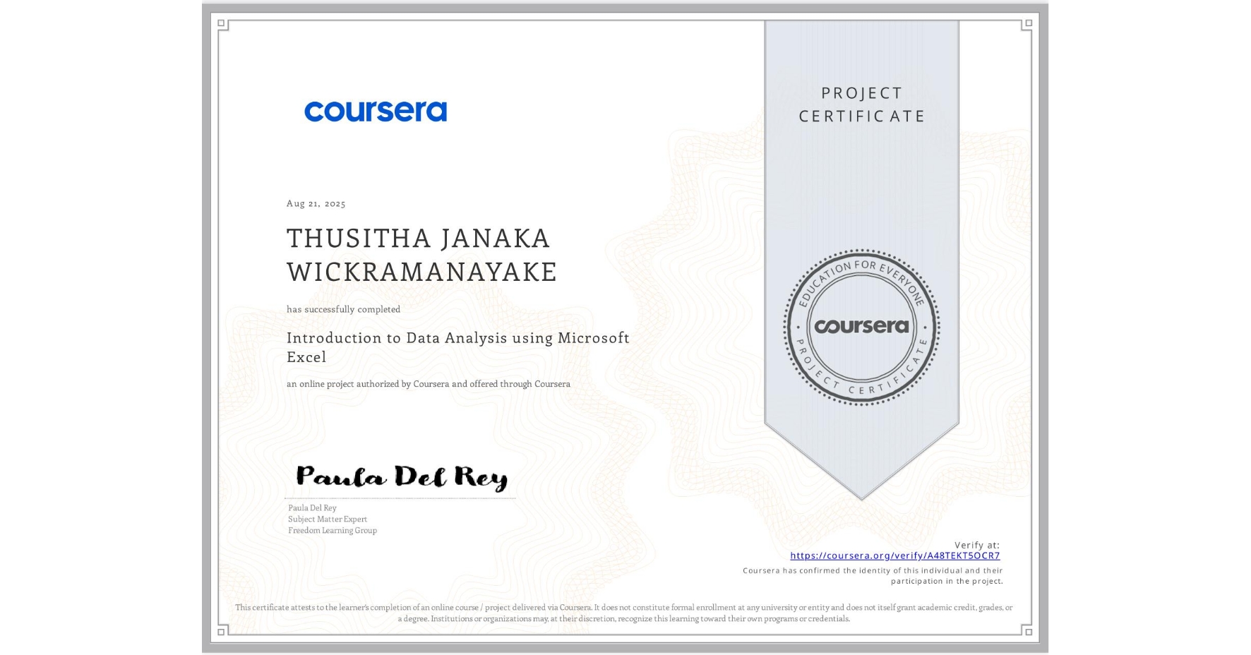 View certificate for THUSITHA JANAKA WICKRAMANAYAKE, Introduction to Data Analysis using Microsoft Excel, an online non-credit course authorized by Coursera and offered through Coursera