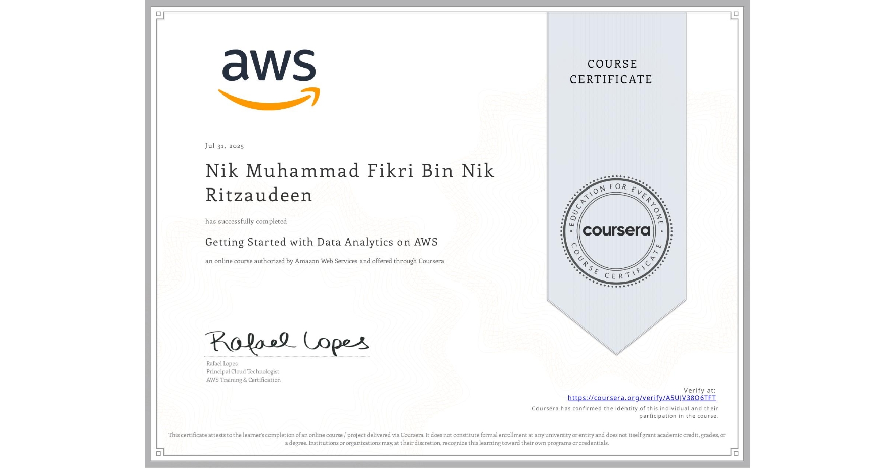 View certificate for Nik Muhammad Fikri Bin Nik Ritzaudeen, Getting Started with Data Analytics on AWS, an online non-credit course authorized by Amazon Web Services and offered through Coursera