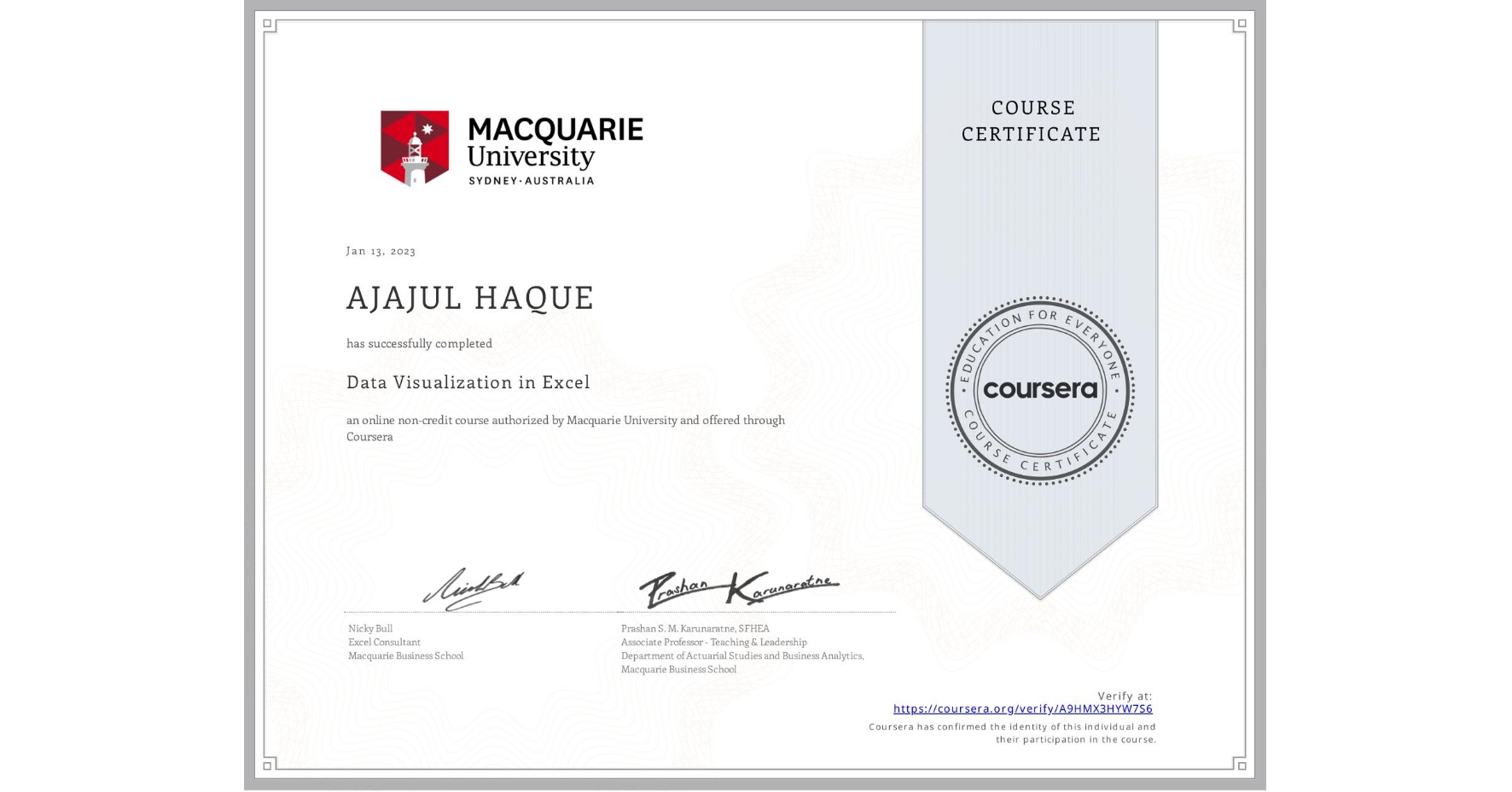 View certificate for AJAJUL HAQUE, Data Visualization in Excel, an online non-credit course authorized by Macquarie University and offered through Coursera