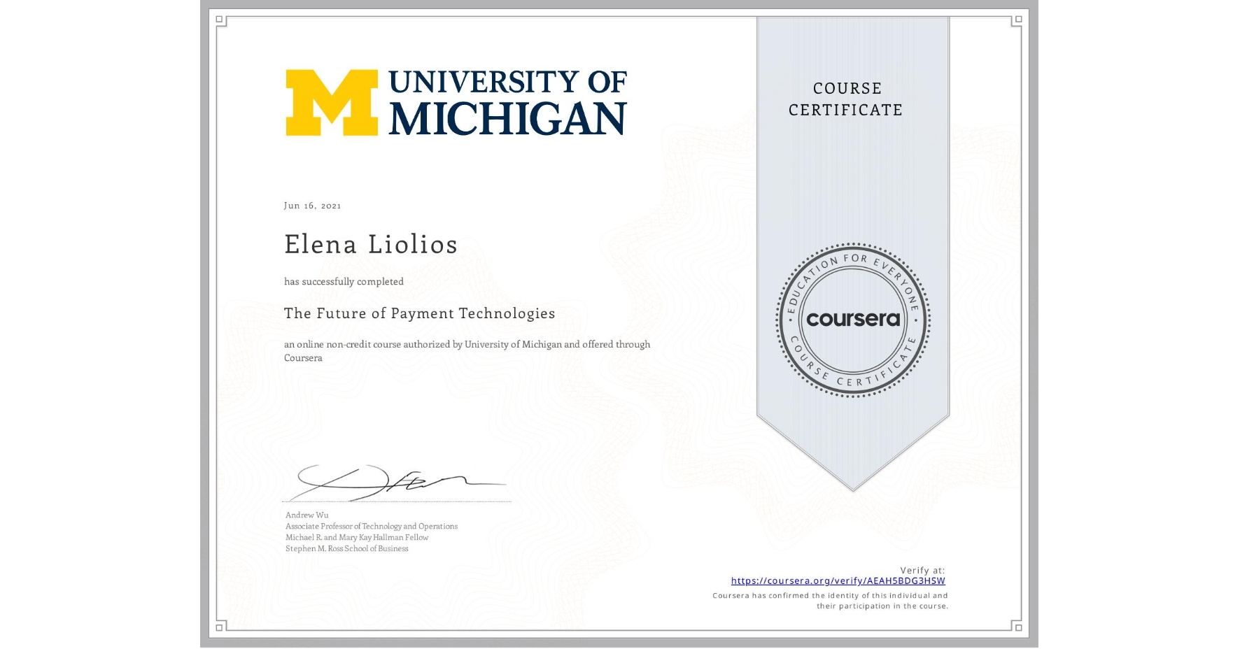 View certificate for Elena Liolios, The Future of Payment Technologies, an online non-credit course authorized by University of Michigan and offered through Coursera