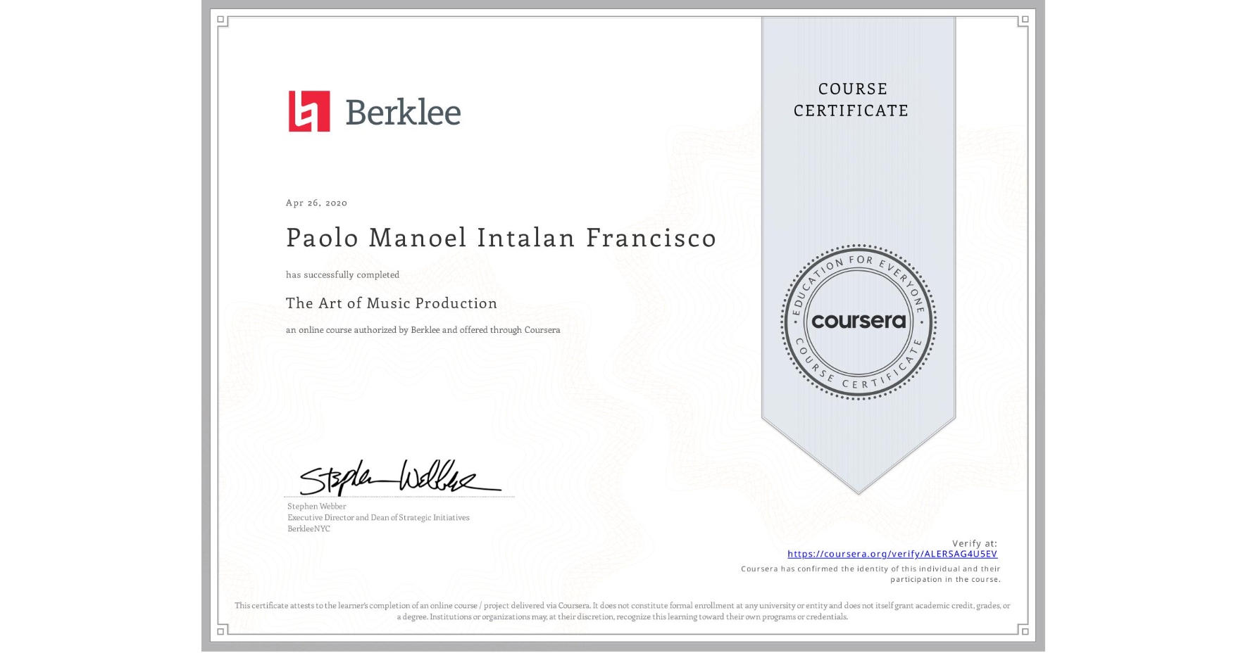 View certificate for Paolo Manoel Intalan Francisco, The Art of Music Production, an online non-credit course authorized by Berklee and offered through Coursera