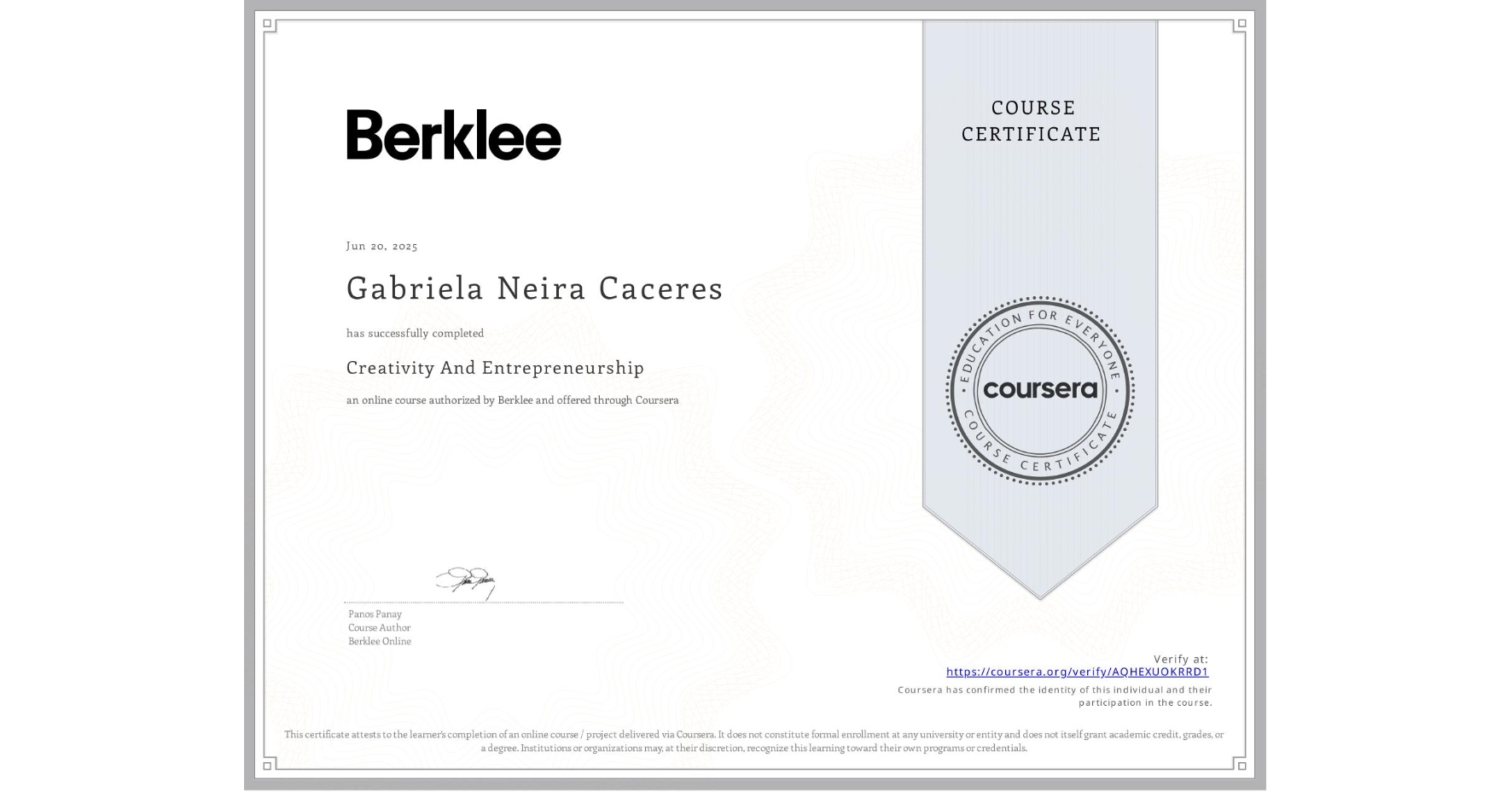 View certificate for Gabriela Neira Caceres, Creativity And Entrepreneurship , an online non-credit course authorized by Berklee and offered through Coursera