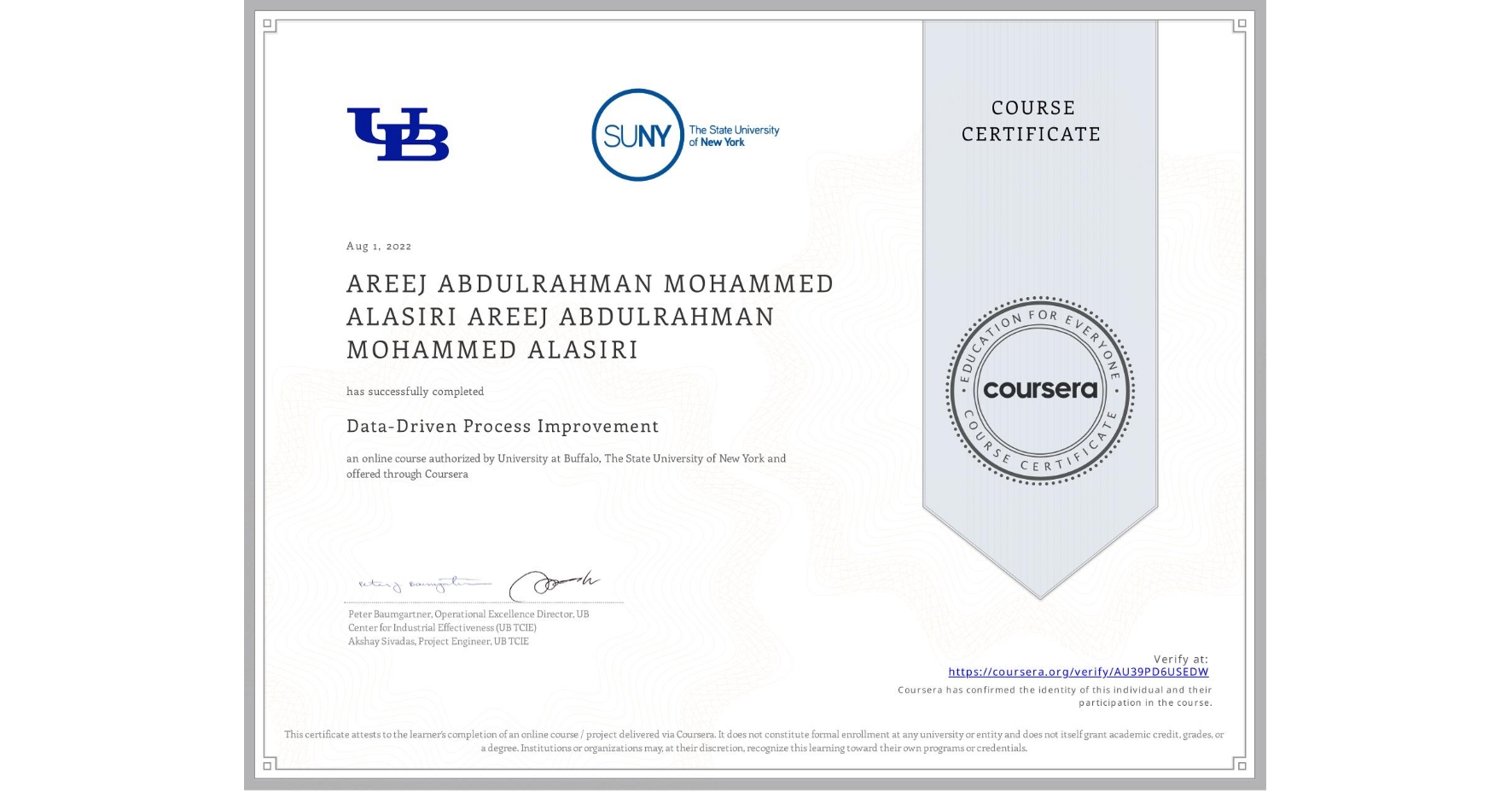 View certificate for AREEJ ABDULRAHMAN MOHAMMED ALASIRI AREEJ ABDULRAHMAN MOHAMMED ALASIRI, Data-Driven Process Improvement, an online non-credit course authorized by University at Buffalo & The State University of New York and offered through Coursera