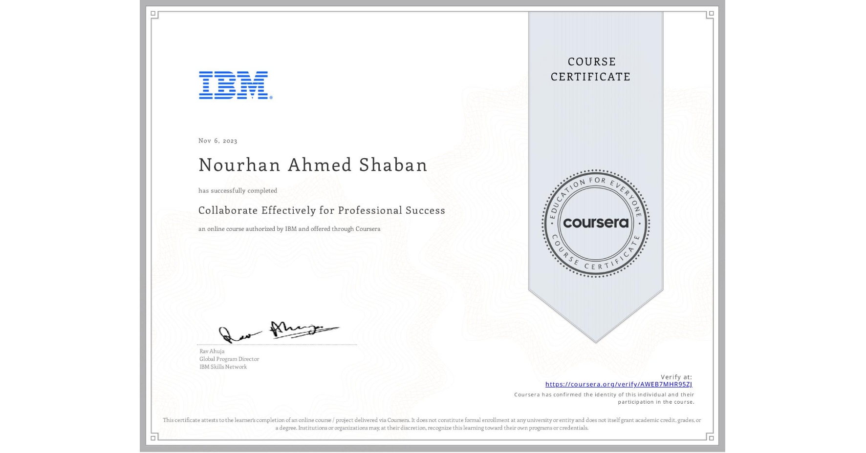 View certificate for Nourhan Ahmed Shaban, Collaborate Effectively for Professional Success, an online non-credit course authorized by IBM and offered through Coursera