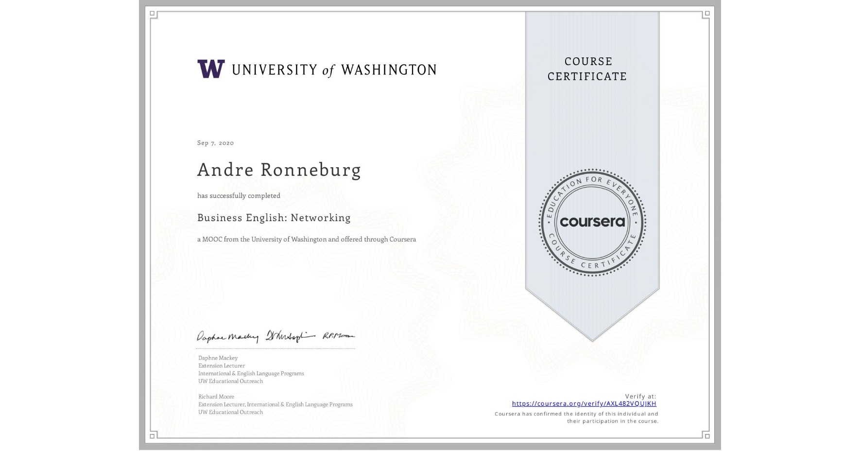 View certificate for Andre Ronneburg, Business English: Networking, an online non-credit course authorized by University of Washington and offered through Coursera