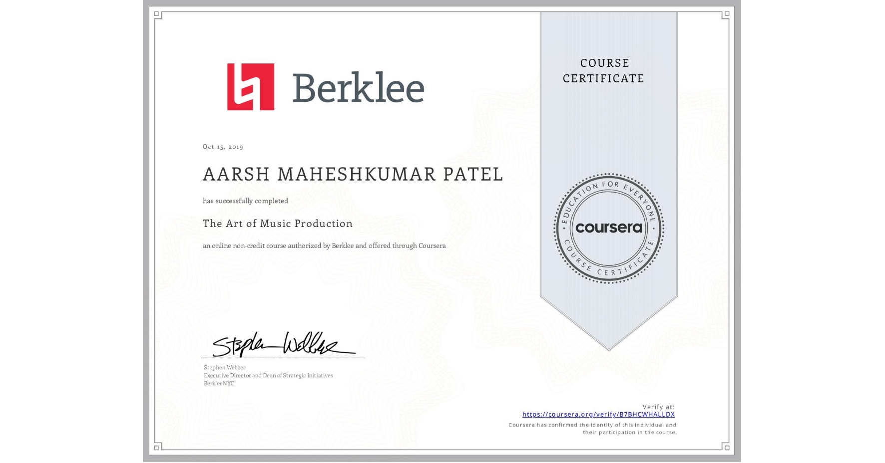 View certificate for AARSH MAHESHKUMAR  PATEL, The Art of Music Production, an online non-credit course authorized by Berklee and offered through Coursera
