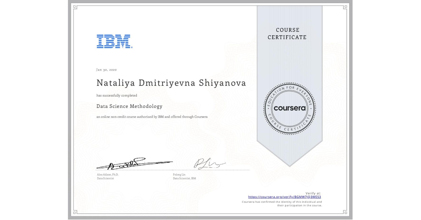 View certificate for Nataliya Dmitriyevna Shiyanova, Data Science Methodology, an online non-credit course authorized by IBM and offered through Coursera