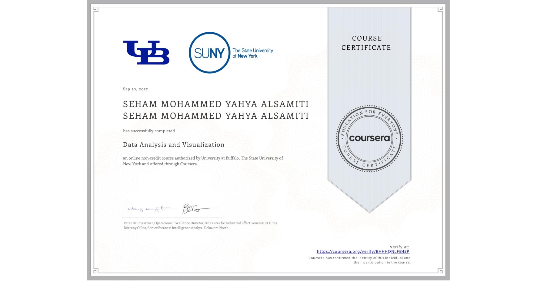 View certificate for SEHAM MOHAMMED YAHYA ALSAMITI SEHAM MOHAMMED YAHYA ALSAMITI, Data Analysis and Visualization, an online non-credit course authorized by University at Buffalo & The State University of New York and offered through Coursera