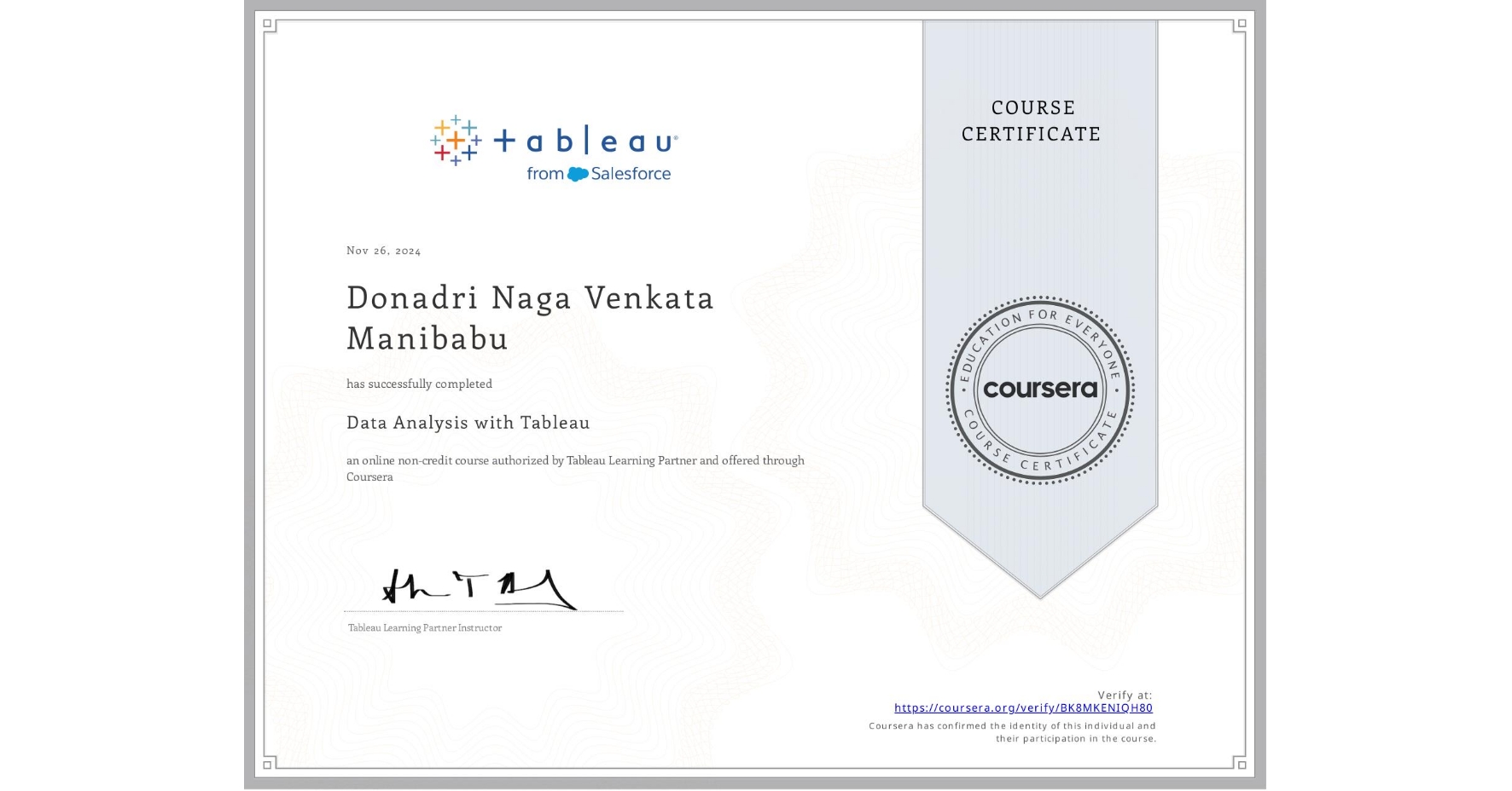 View certificate for Donadri Naga Venkata Manibabu              , Data Analysis with Tableau, an online non-credit course authorized by Tableau Learning Partner and offered through Coursera