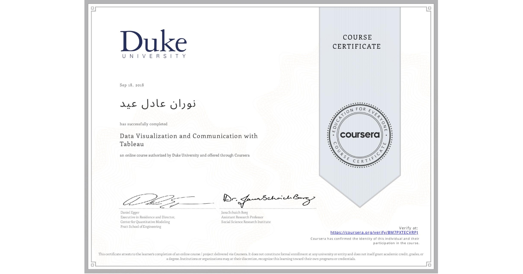 View certificate for نوران عادل عيد, Data Visualization and Communication with Tableau, an online non-credit course authorized by Duke University and offered through Coursera