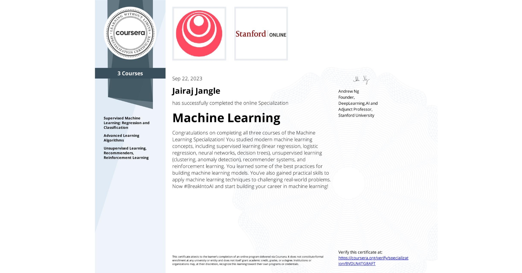 Stanford ML Specialization