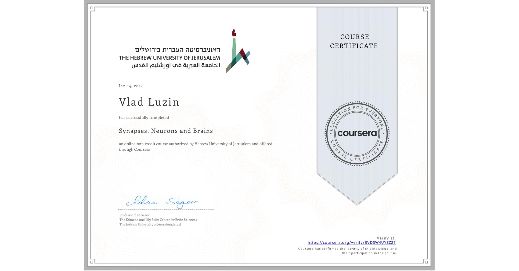View certificate for Vlad Luzin, Synapses, Neurons and Brains , an online non-credit course authorized by Hebrew University of Jerusalem and offered through Coursera