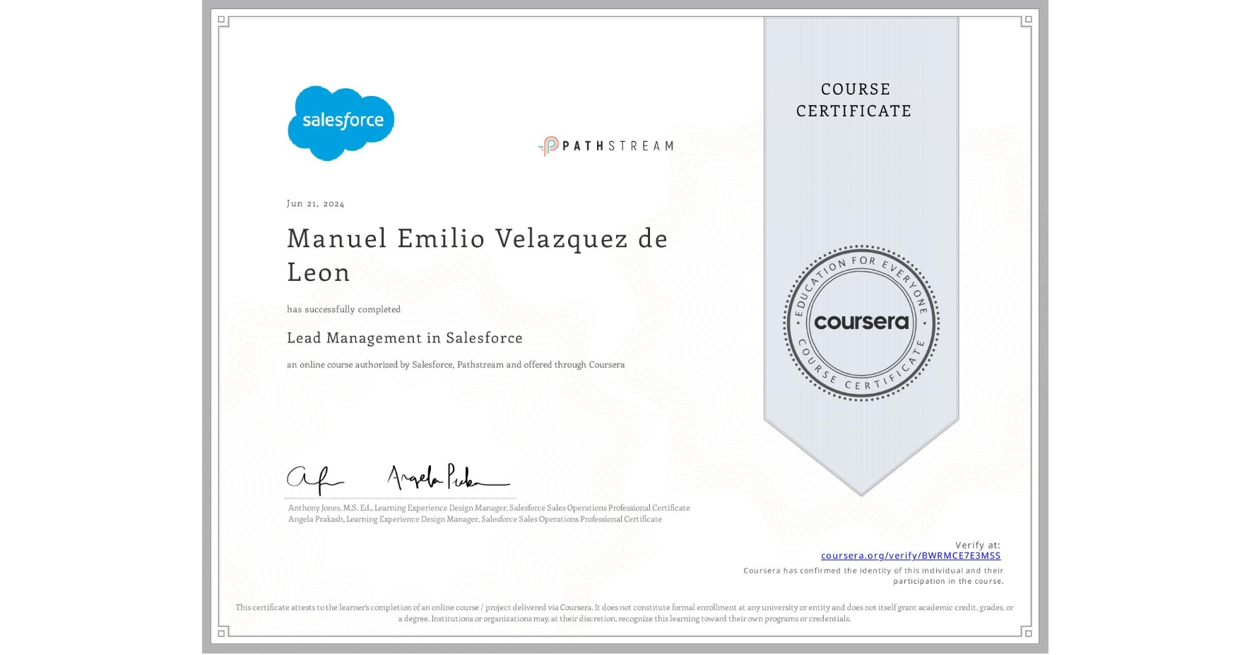 View certificate for Manuel Emilio Velazquez de Leon, Lead Management in Salesforce, an online non-credit course authorized by Salesforce & Pathstream and offered through Coursera