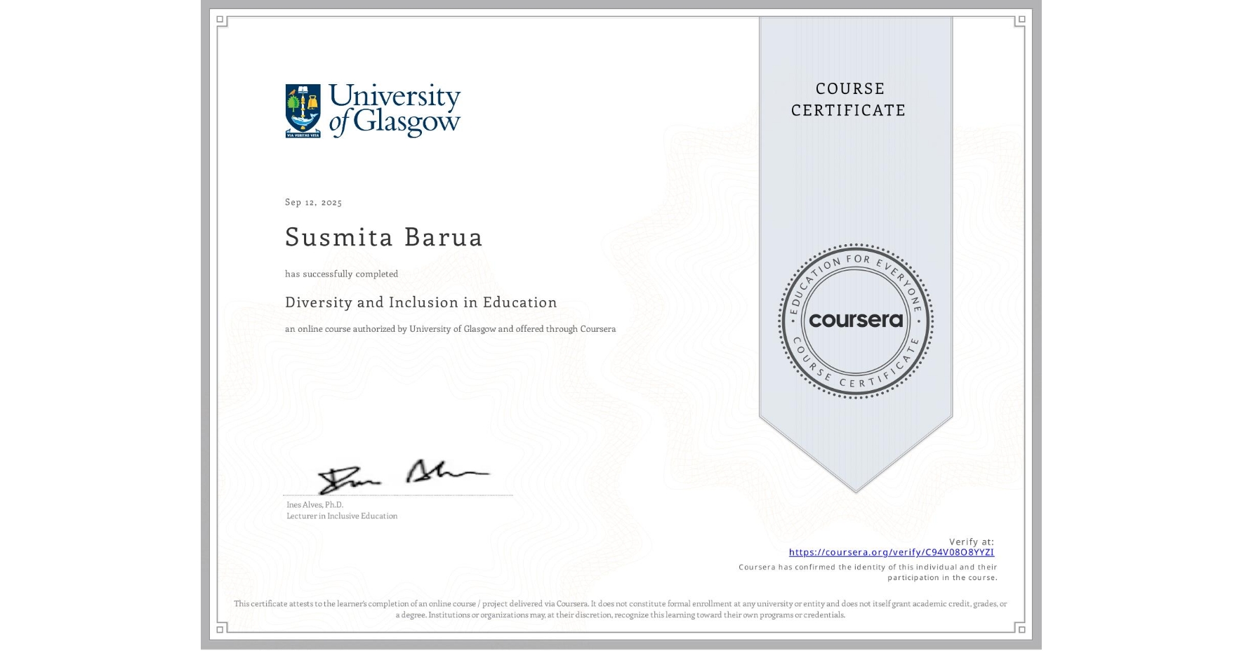 View certificate for Susmita Barua, Diversity and Inclusion in Education, an online non-credit course authorized by University of Glasgow and offered through Coursera