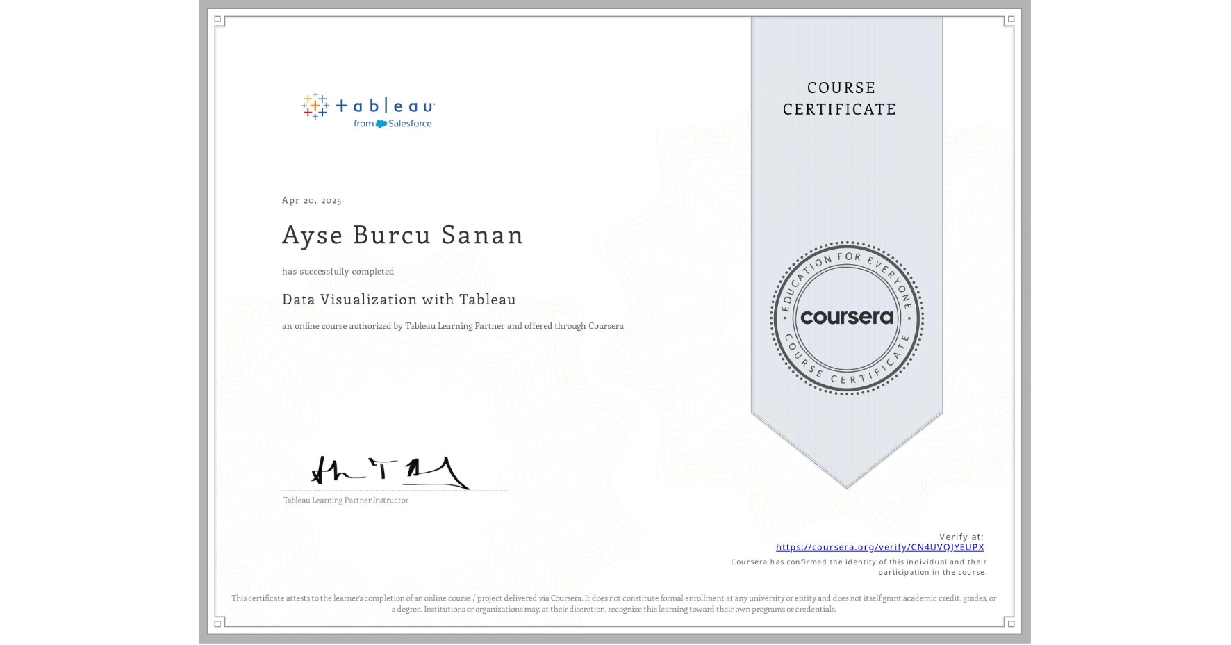 View certificate for Ayse Burcu Sanan, Data Visualization with Tableau, an online non-credit course authorized by Tableau Learning Partner and offered through Coursera