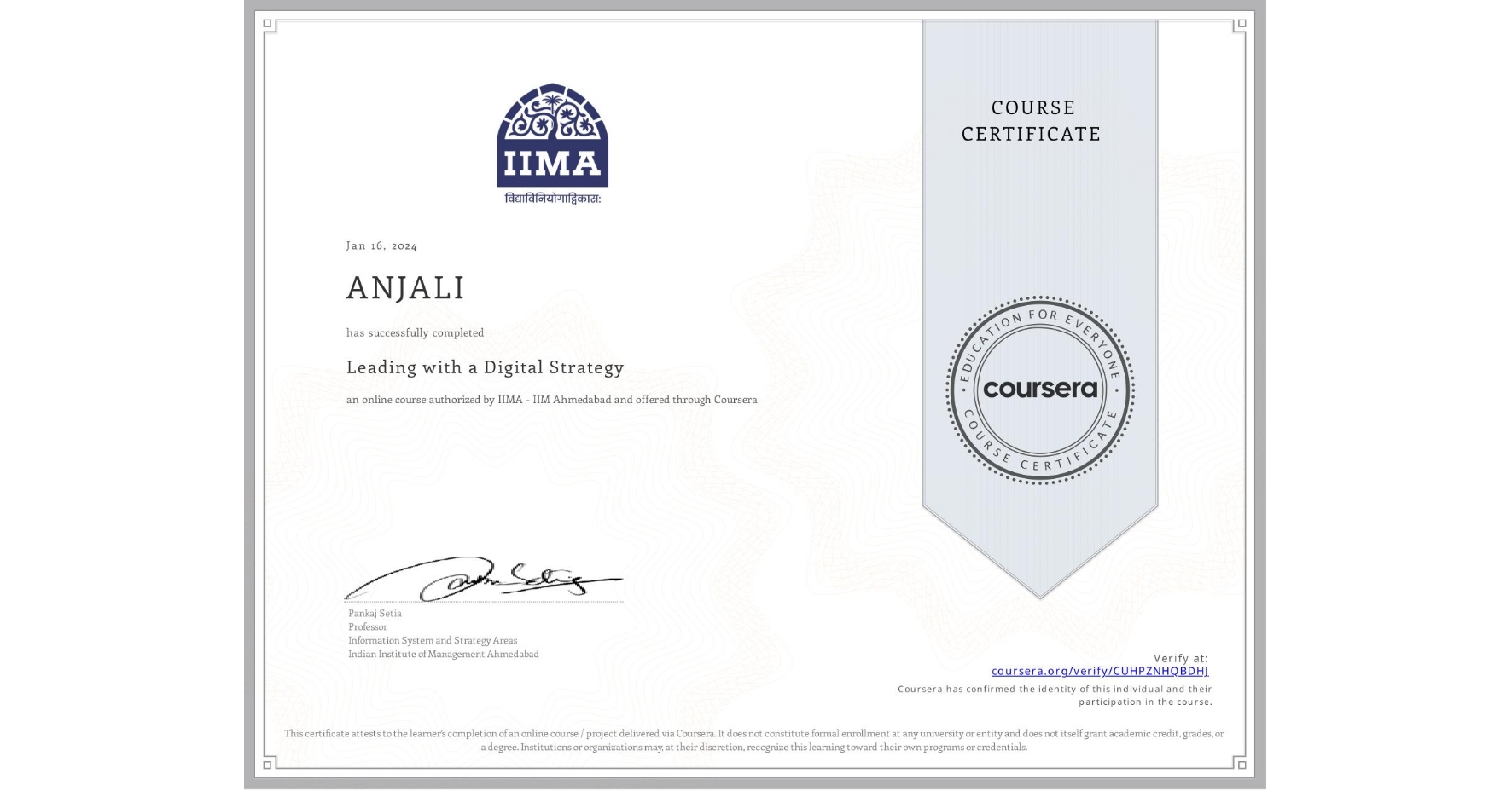 View certificate for ANJALI , Leading with a Digital Strategy, an online non-credit course authorized by IIMA - IIM Ahmedabad and offered through Coursera