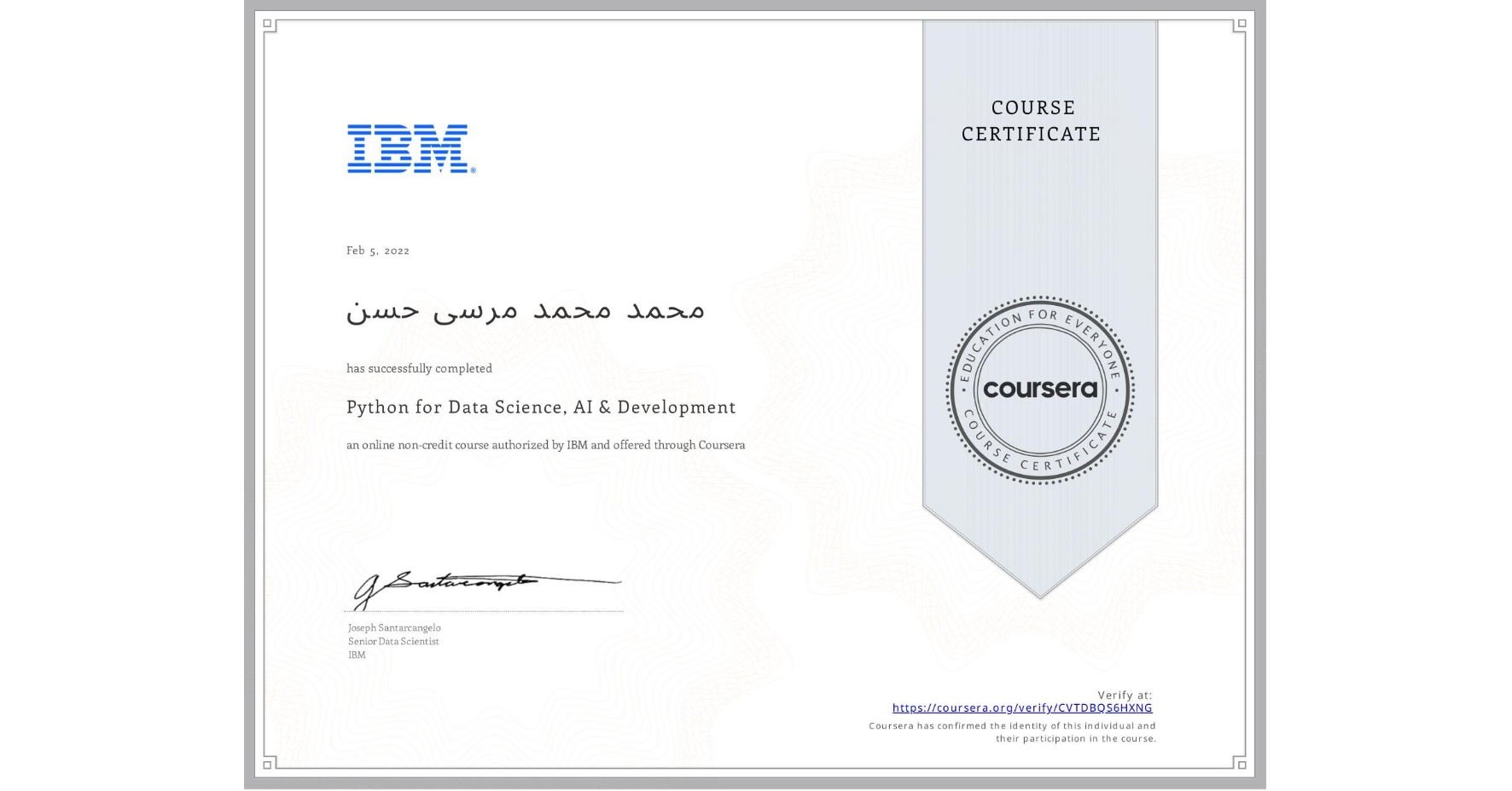 View certificate for محمد محمد مرسی حسن, Python for Data Science, AI & Development, an online non-credit course authorized by IBM and offered through Coursera