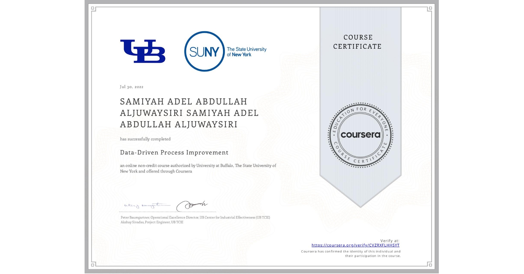 View certificate for SAMIYAH ADEL ABDULLAH ALJUWAYSIRI SAMIYAH ADEL ABDULLAH ALJUWAYSIRI, Data-Driven Process Improvement, an online non-credit course authorized by University at Buffalo & The State University of New York and offered through Coursera