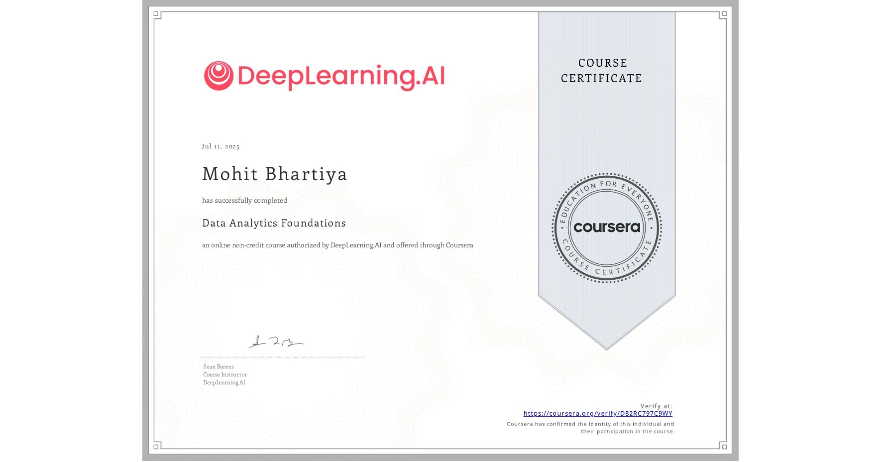 View certificate for Mohit Bhartiya, Data Analytics Foundations, an online non-credit course authorized by DeepLearning.AI and offered through Coursera