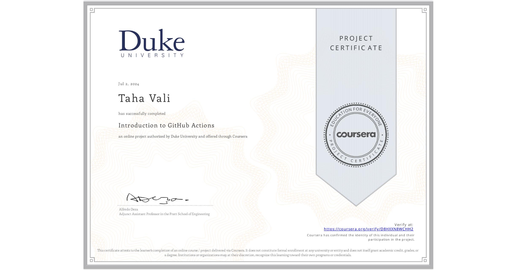 View certificate for Taha Vali, Introduction to GitHub Actions, an online non-credit course authorized by Duke University and offered through Coursera