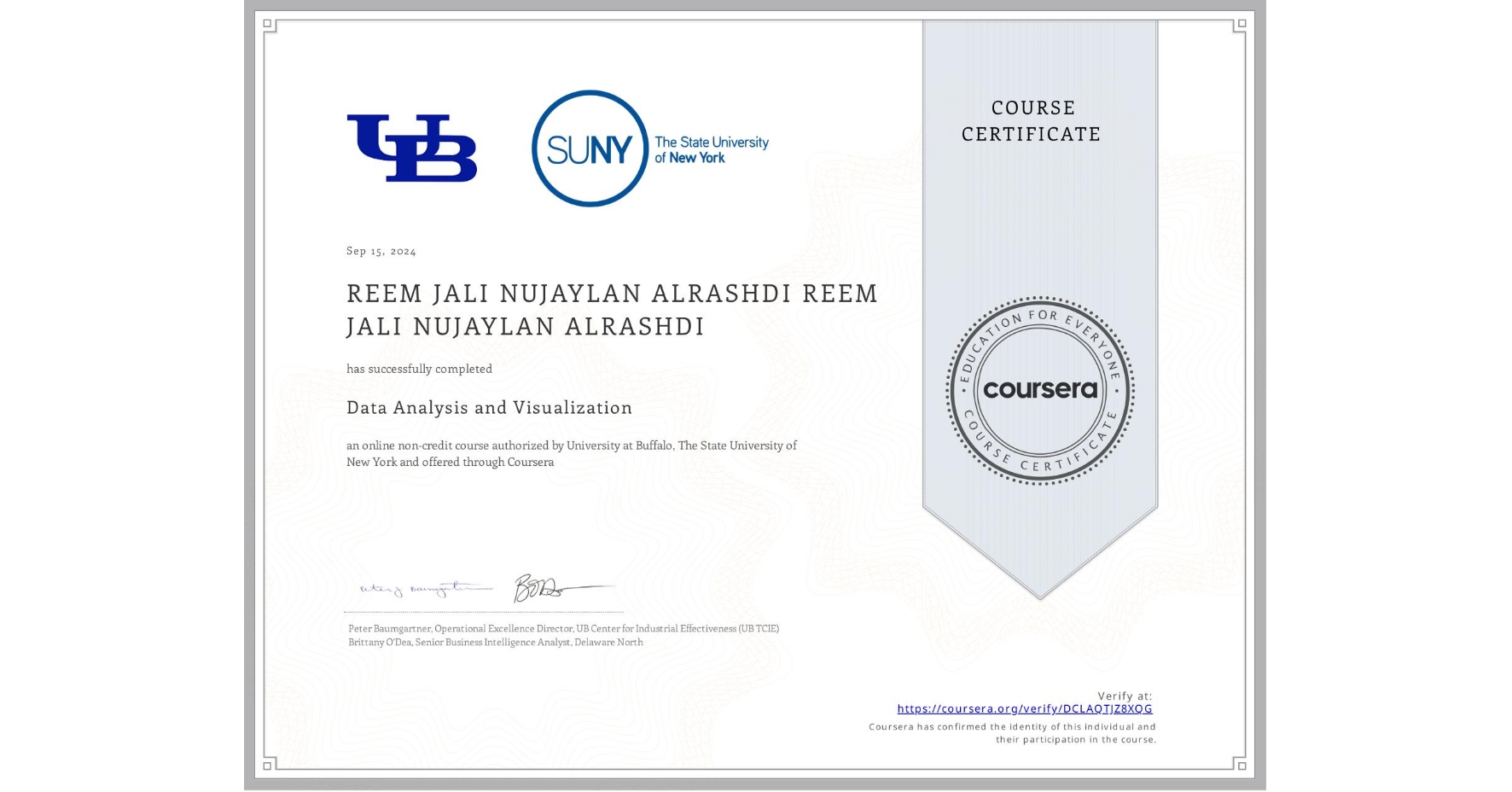 View certificate for REEM JALI NUJAYLAN ALRASHDI REEM JALI NUJAYLAN ALRASHDI, Data Analysis and Visualization, an online non-credit course authorized by University at Buffalo & The State University of New York and offered through Coursera