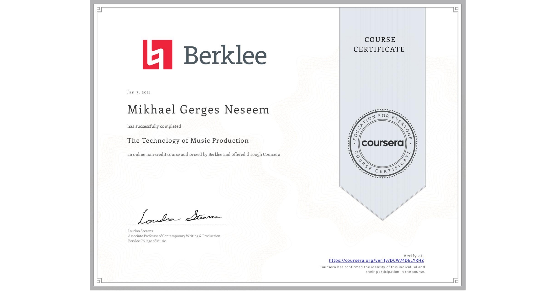 View certificate for Mikhael Gerges Neseem, The Technology of Music Production, an online non-credit course authorized by Berklee and offered through Coursera