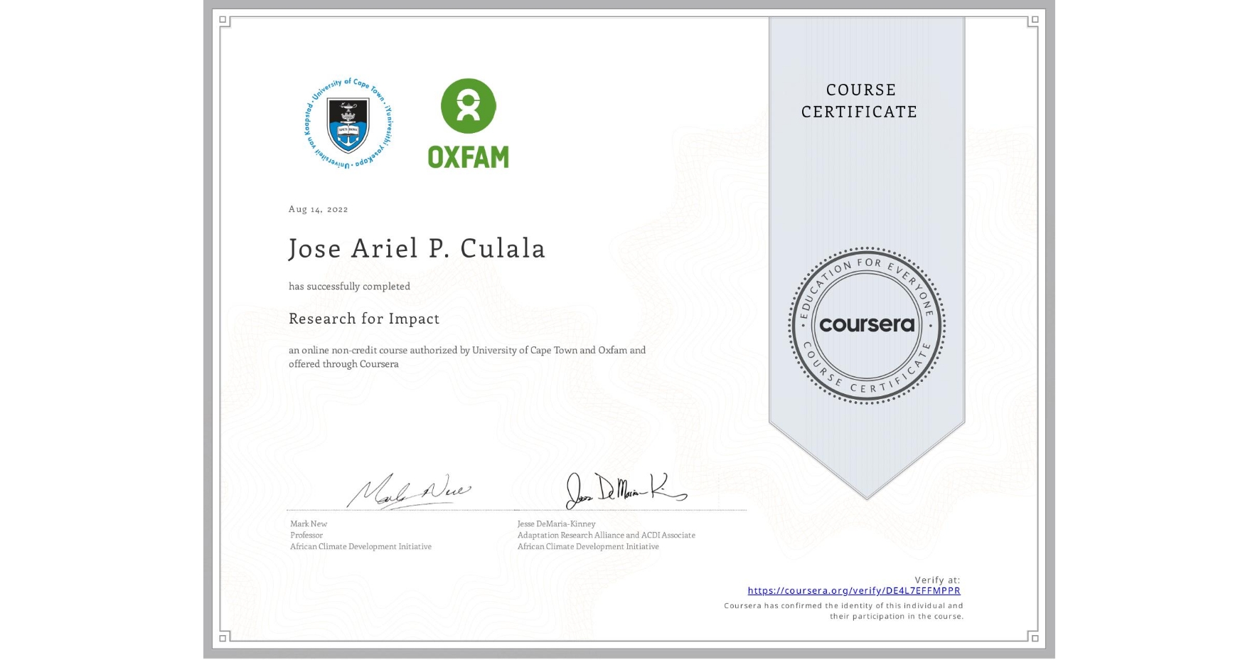 View certificate for Jose Ariel P. Culala, Research for Impact, an online non-credit course authorized by University of Cape Town & Oxfam and offered through Coursera