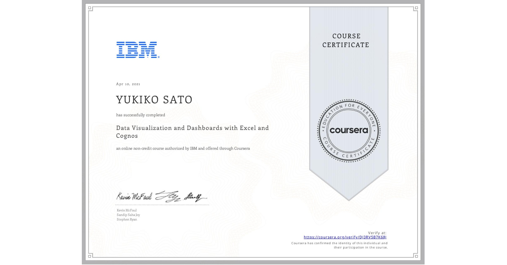 View certificate for YUKIKO SATO, Data Visualization and Dashboards with Excel and Cognos, an online non-credit course authorized by IBM and offered through Coursera