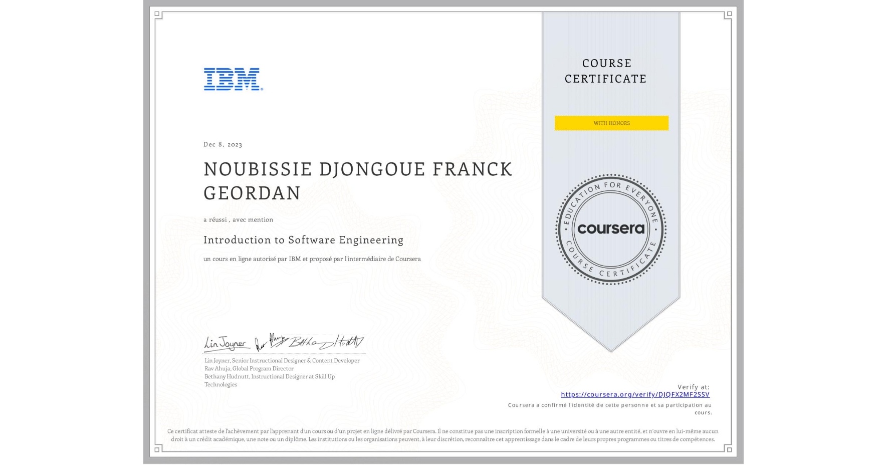 View certificate for NOUBISSIE DJONGOUE FRANCK GEORDAN, Introduction to Software Engineering, an online non-credit course authorized by IBM and offered through Coursera