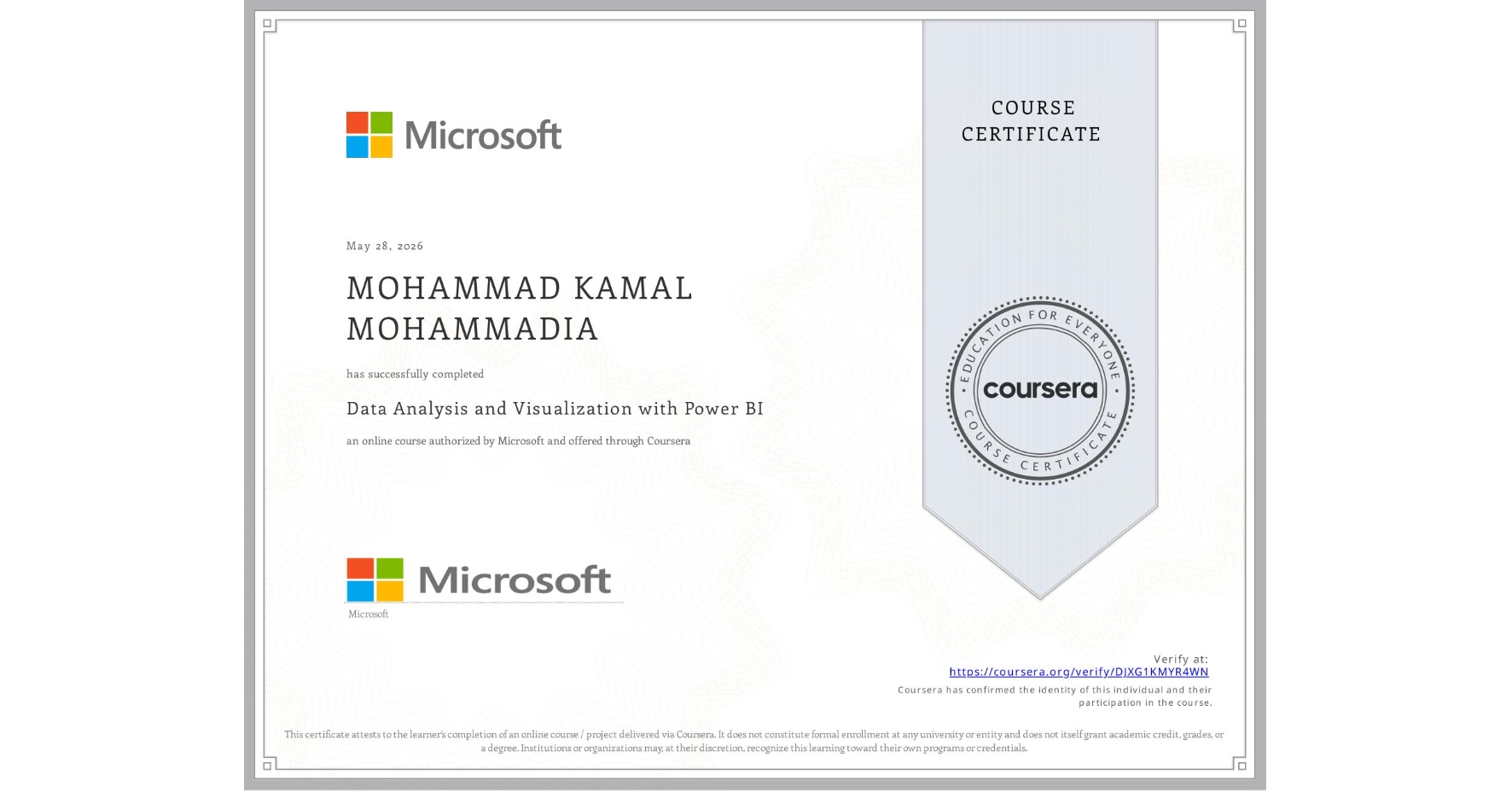 View certificate for MOHAMMAD KAMAL MOHAMMADIA, Data Analysis and Visualization with Power BI, an online non-credit course authorized by Microsoft and offered through Coursera