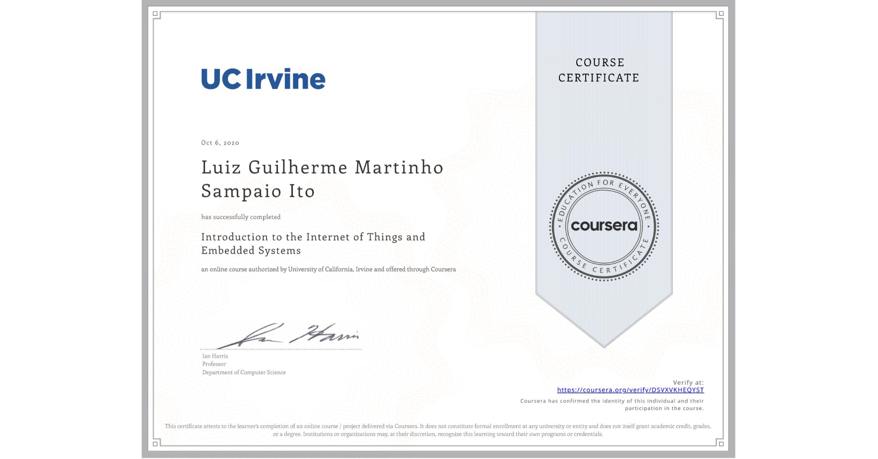 View certificate for Luiz Guilherme  Martinho Sampaio Ito, Introduction to the Internet of Things and Embedded Systems, an online non-credit course authorized by University of California, Irvine and offered through Coursera