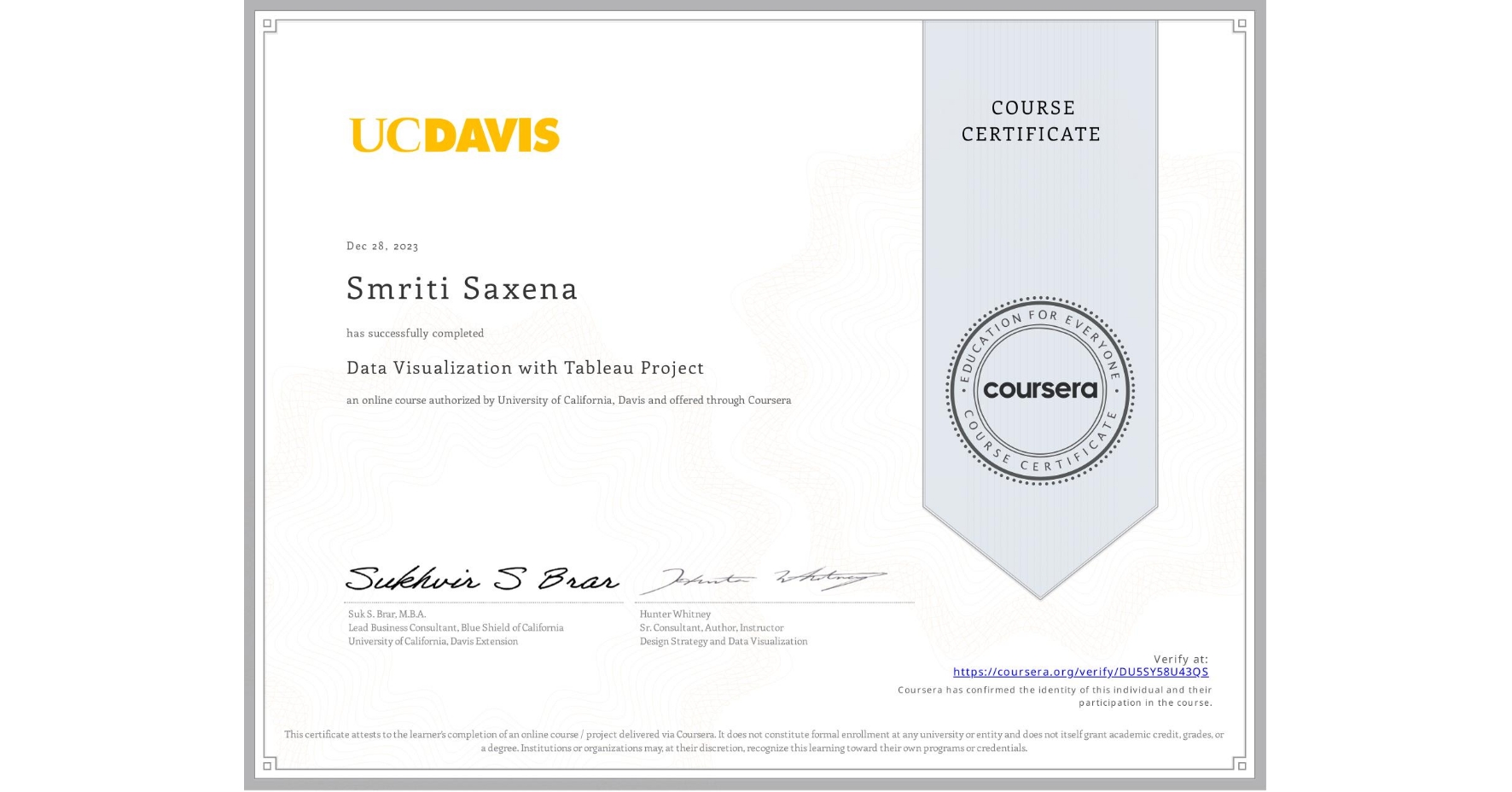 View certificate for Smriti Saxena, Data Visualization with Tableau Project, an online non-credit course authorized by University of California, Davis and offered through Coursera