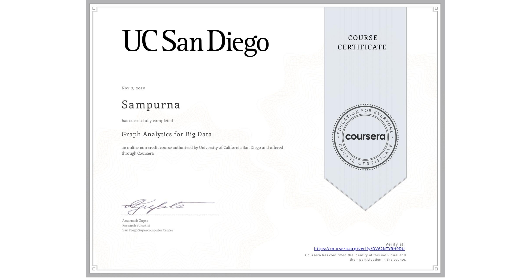 View certificate for Sampurna , Graph Analytics for Big Data, an online non-credit course authorized by University of California San Diego and offered through Coursera