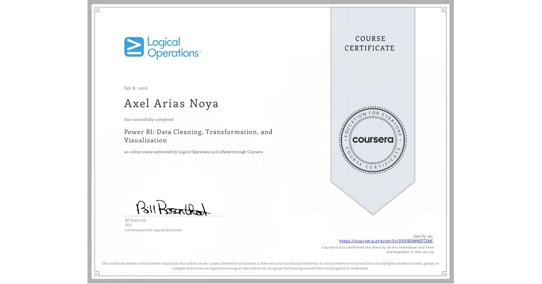 View certificate for Axel Arias Noya, Power BI: Data Cleaning, Transformation, and Visualization, an online non-credit course authorized by Logical Operations and offered through Coursera