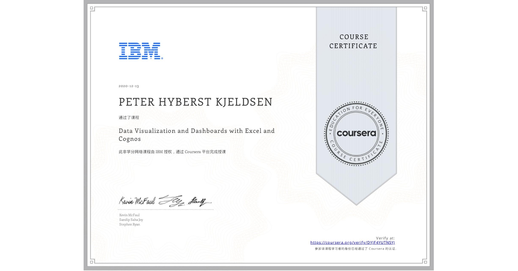 View certificate for PETER HYBERST  KJELDSEN, Data Visualization and Dashboards with Excel and Cognos, an online non-credit course authorized by IBM and offered through Coursera