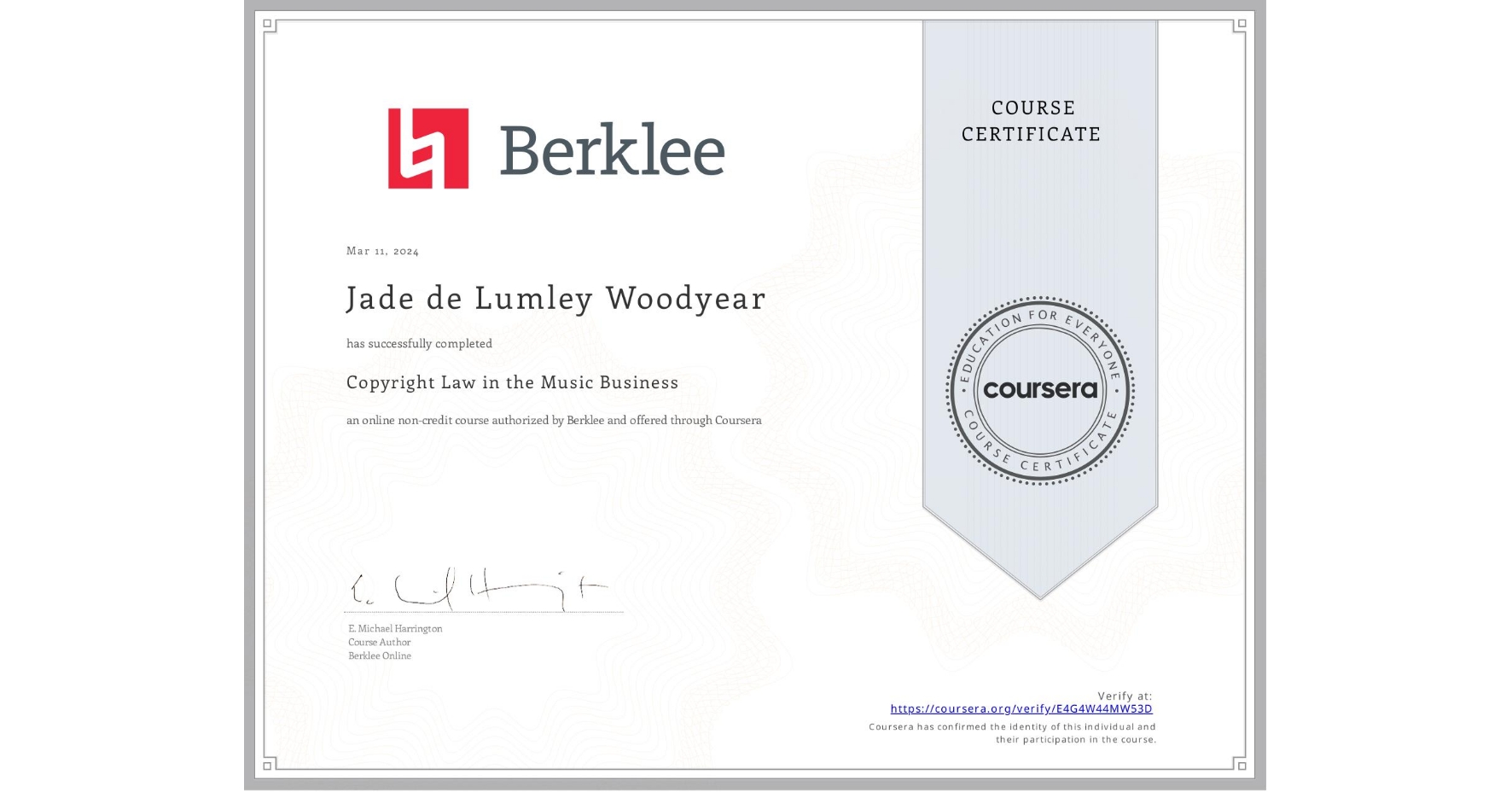 View certificate for Jade de Lumley Woodyear, Copyright Law in the Music Business, an online non-credit course authorized by Berklee and offered through Coursera