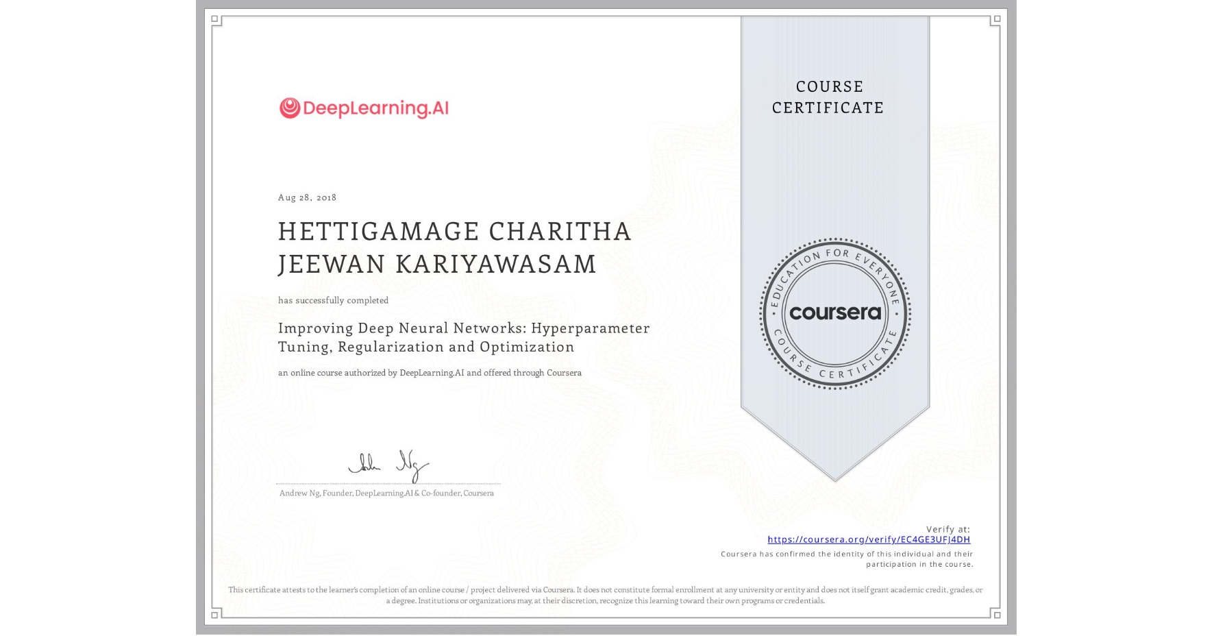 View certificate for HETTIGAMAGE CHARITHA JEEWAN KARIYAWASAM, Improving Deep Neural Networks: Hyperparameter Tuning, Regularization and Optimization, an online non-credit course authorized by DeepLearning.AI and offered through Coursera