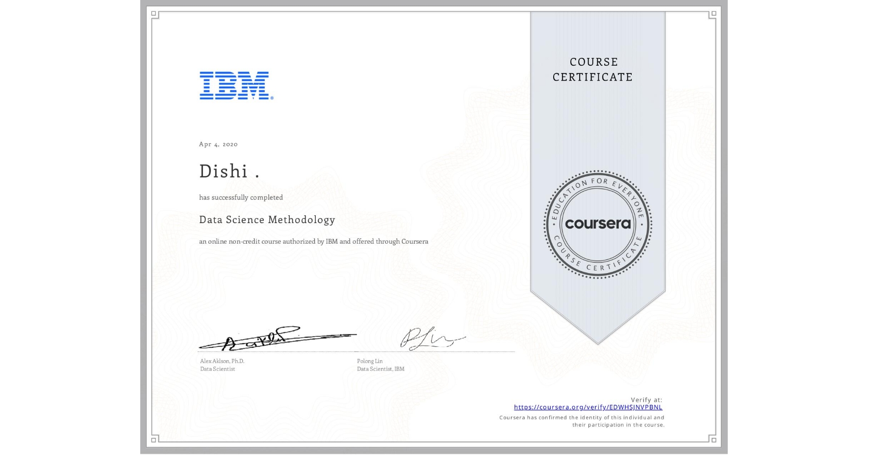 View certificate for Dishi ., Data Science Methodology, an online non-credit course authorized by IBM and offered through Coursera