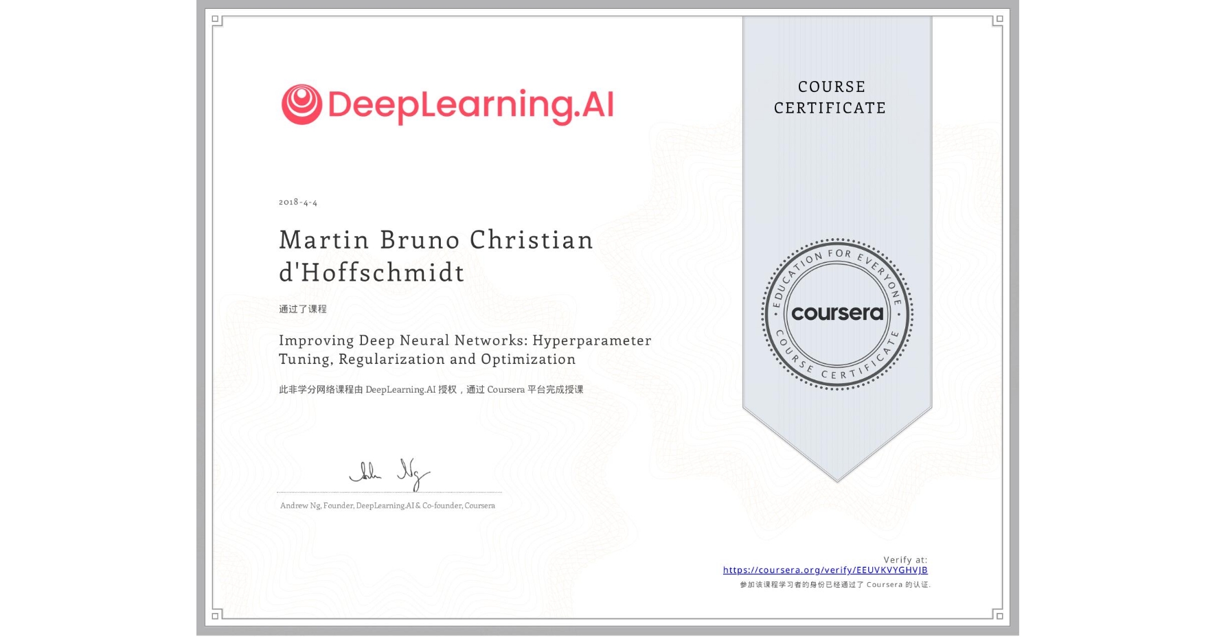 View certificate for Martin Bruno Christian d'Hoffschmidt, Improving Deep Neural Networks: Hyperparameter Tuning, Regularization and Optimization, an online non-credit course authorized by DeepLearning.AI and offered through Coursera