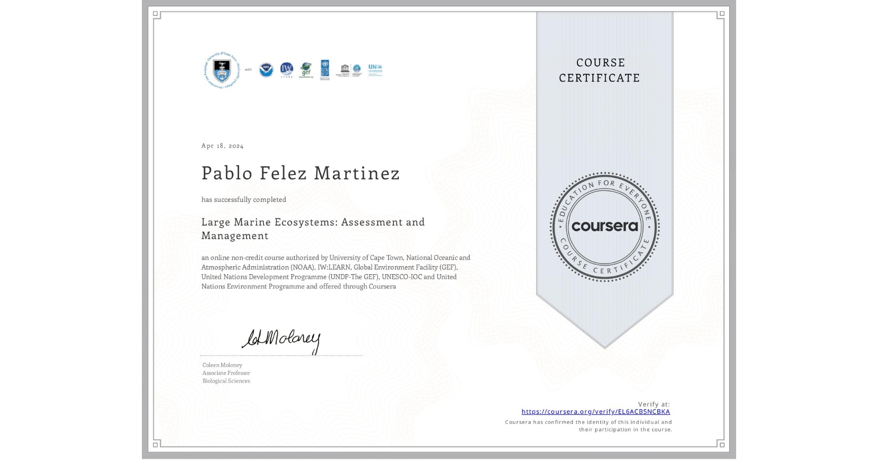 View certificate for Pablo Felez Martinez, Large Marine Ecosystems: Assessment and Management, an online non-credit course authorized by University of Cape Town, National Oceanic and Atmospheric Administration (NOAA), IW:LEARN, Global Environment Facility (GEF), United Nations Development Programme (UNDP-The GEF), UNESCO-IOC & United Nations Environment Programme and offered through Coursera