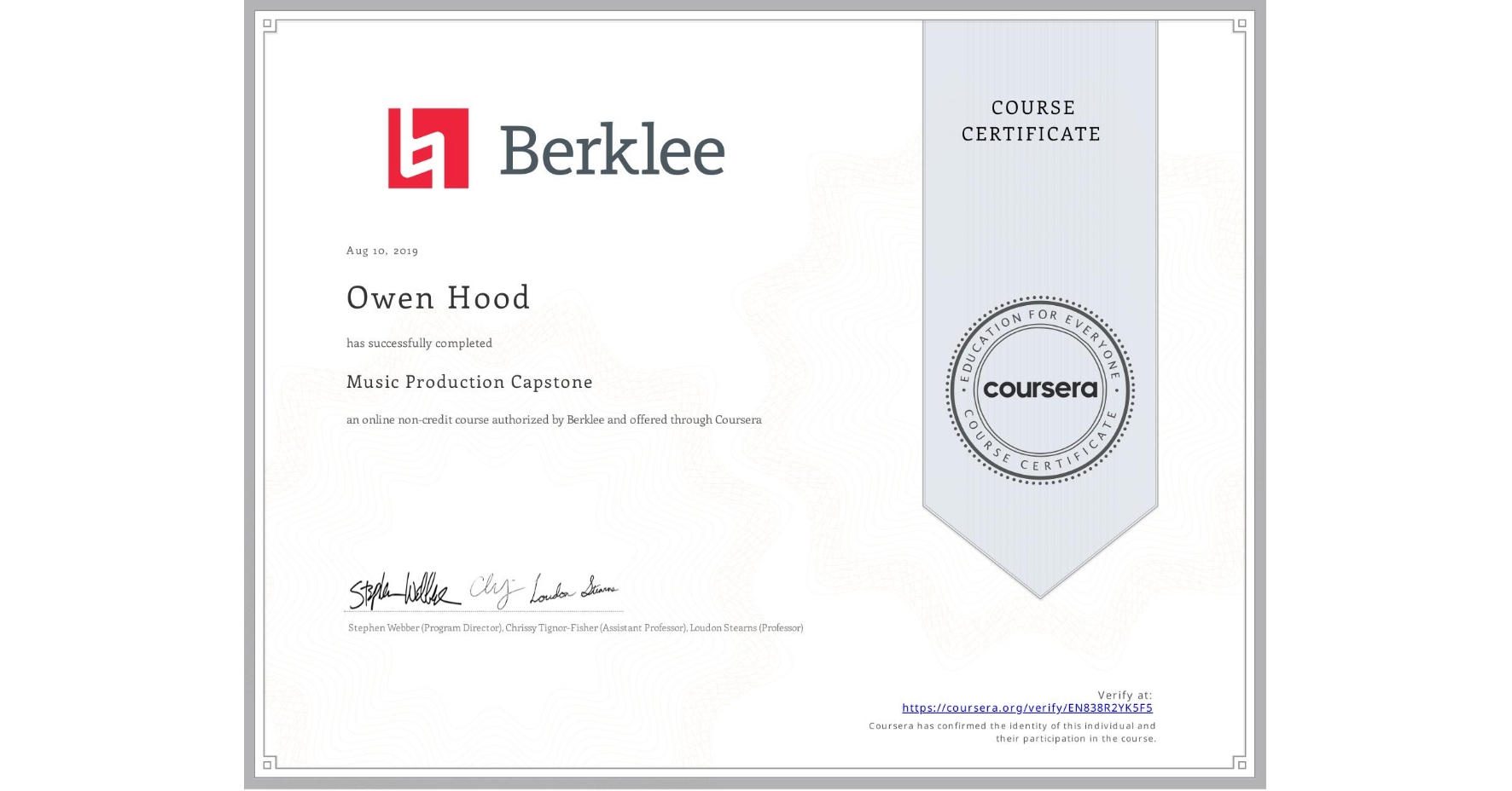 View certificate for Owen Hood, Music Production Capstone, an online non-credit course authorized by Berklee and offered through Coursera