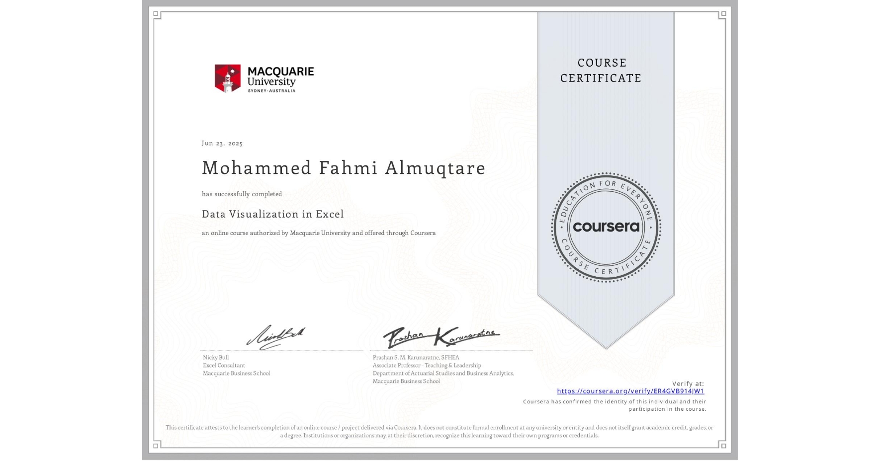 View certificate for Mohammed Fahmi Almuqtare, Data Visualization in Excel, an online non-credit course authorized by Macquarie University and offered through Coursera