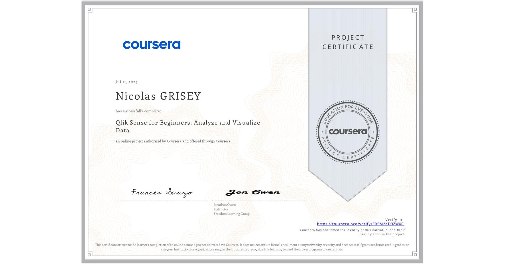 View certificate for Nicolas GRISEY, Qlik Sense for Beginners: Analyze and Visualize Data, an online non-credit course authorized by Coursera and offered through Coursera