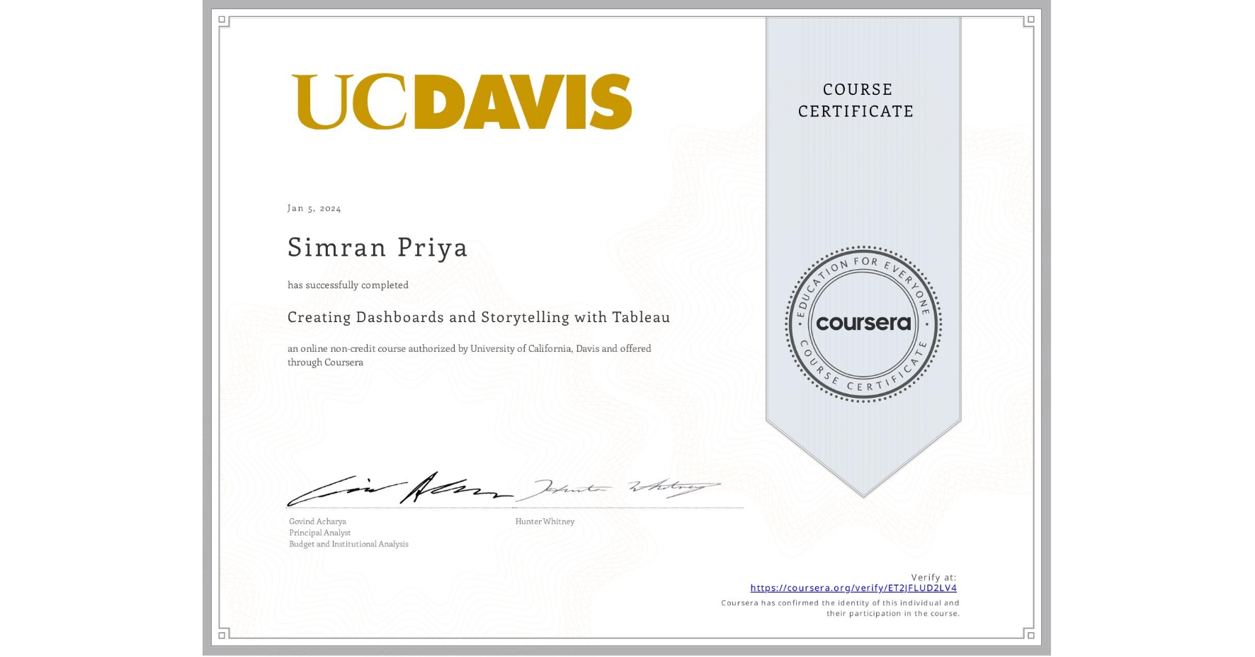 View certificate for Simran Priya, Creating Dashboards and Storytelling with Tableau, an online non-credit course authorized by University of California, Davis and offered through Coursera