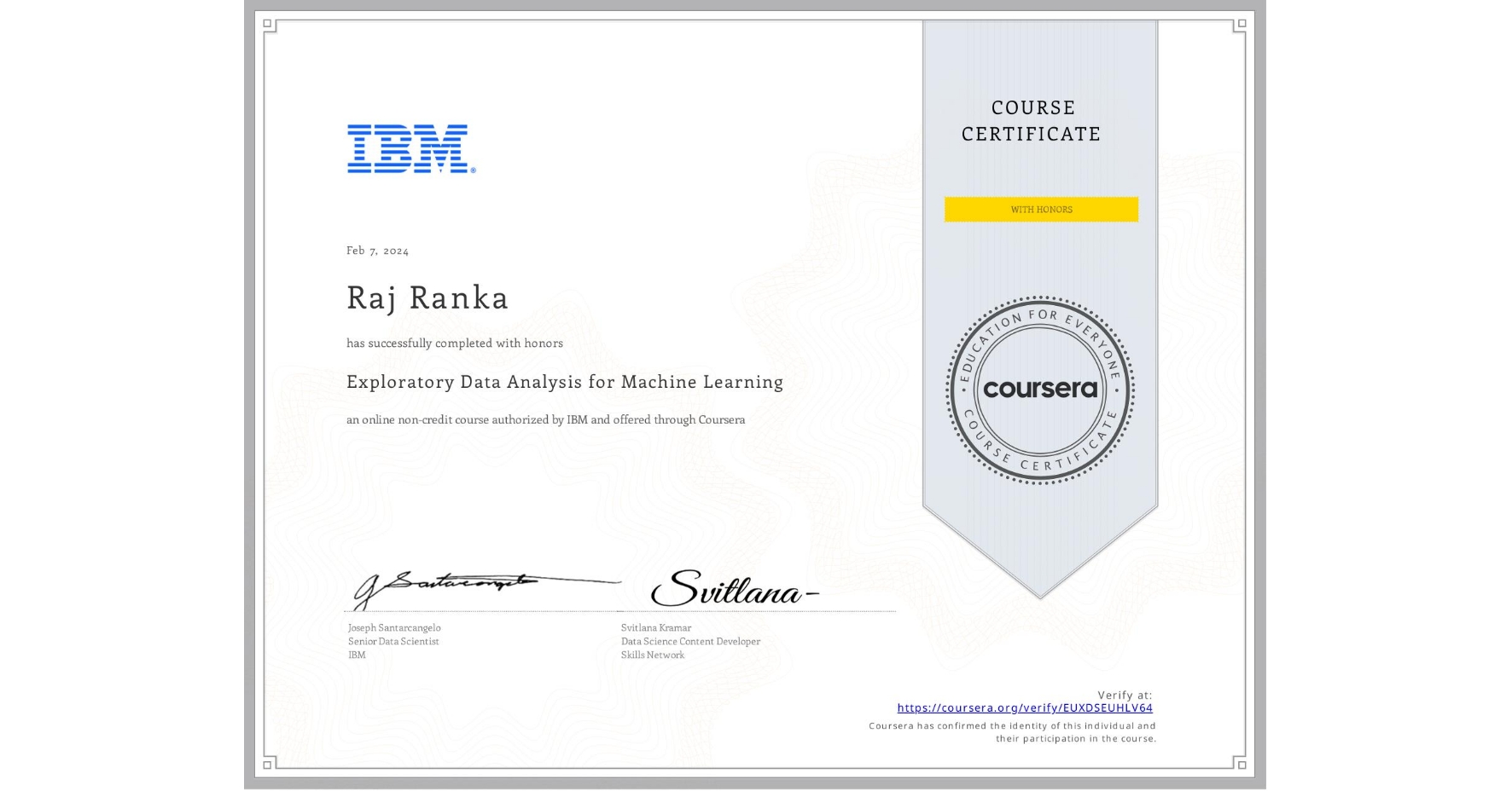 View certificate for Raj Ranka, Exploratory Data Analysis for Machine Learning, an online non-credit course authorized by IBM and offered through Coursera