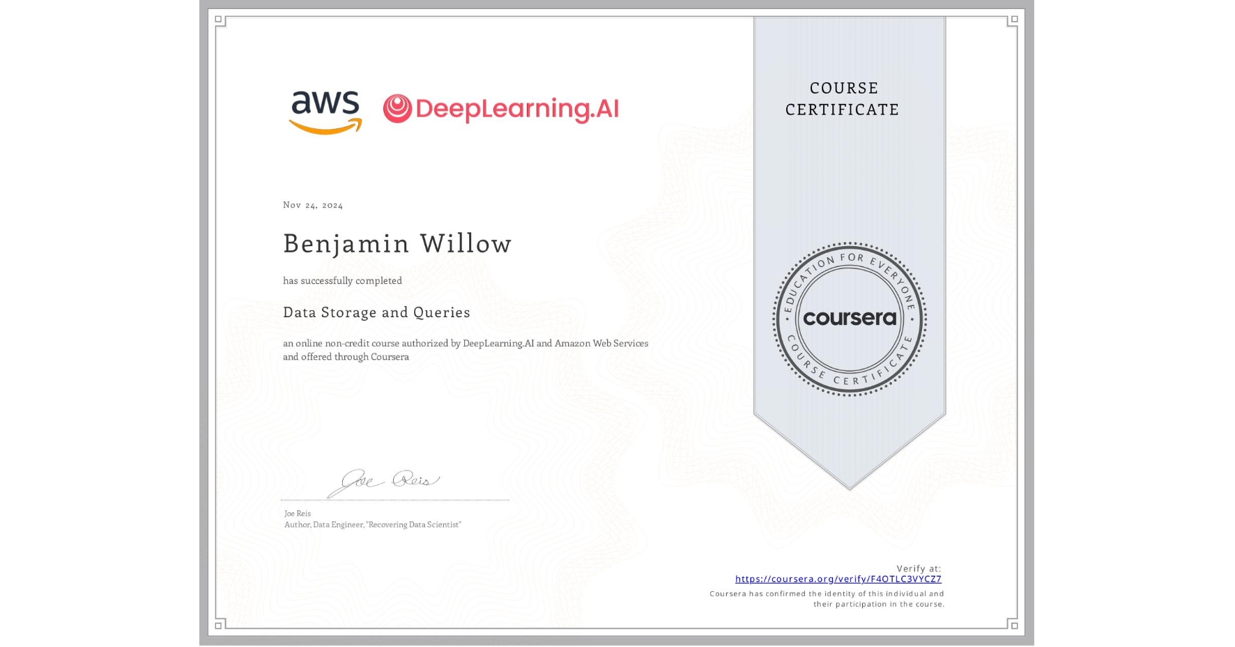View certificate for Benjamin Willow, Data Storage and Queries, an online non-credit course authorized by DeepLearning.AI & Amazon Web Services and offered through Coursera
