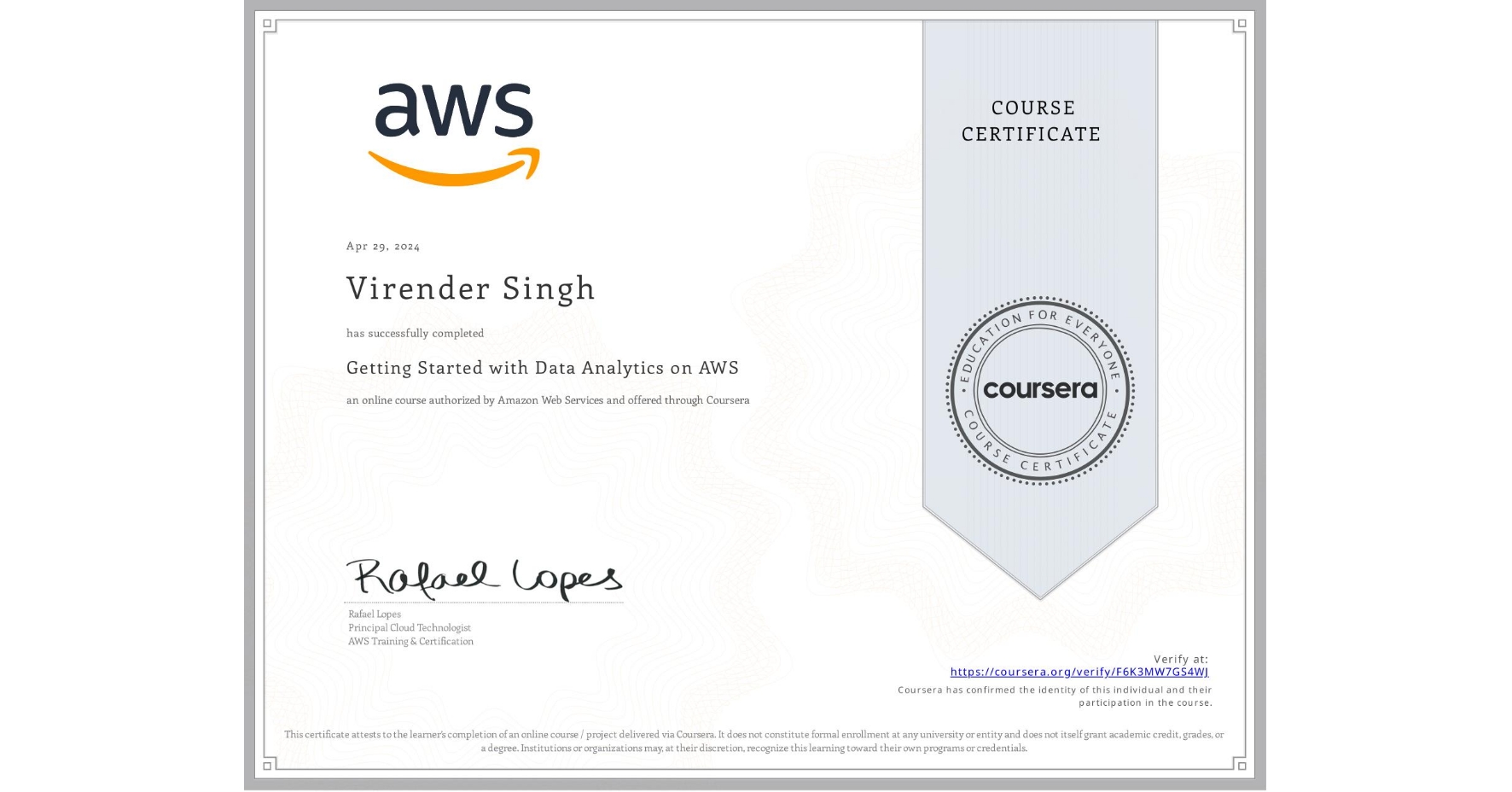 View certificate for Virender Singh, Getting Started with Data Analytics on AWS, an online non-credit course authorized by Amazon Web Services and offered through Coursera