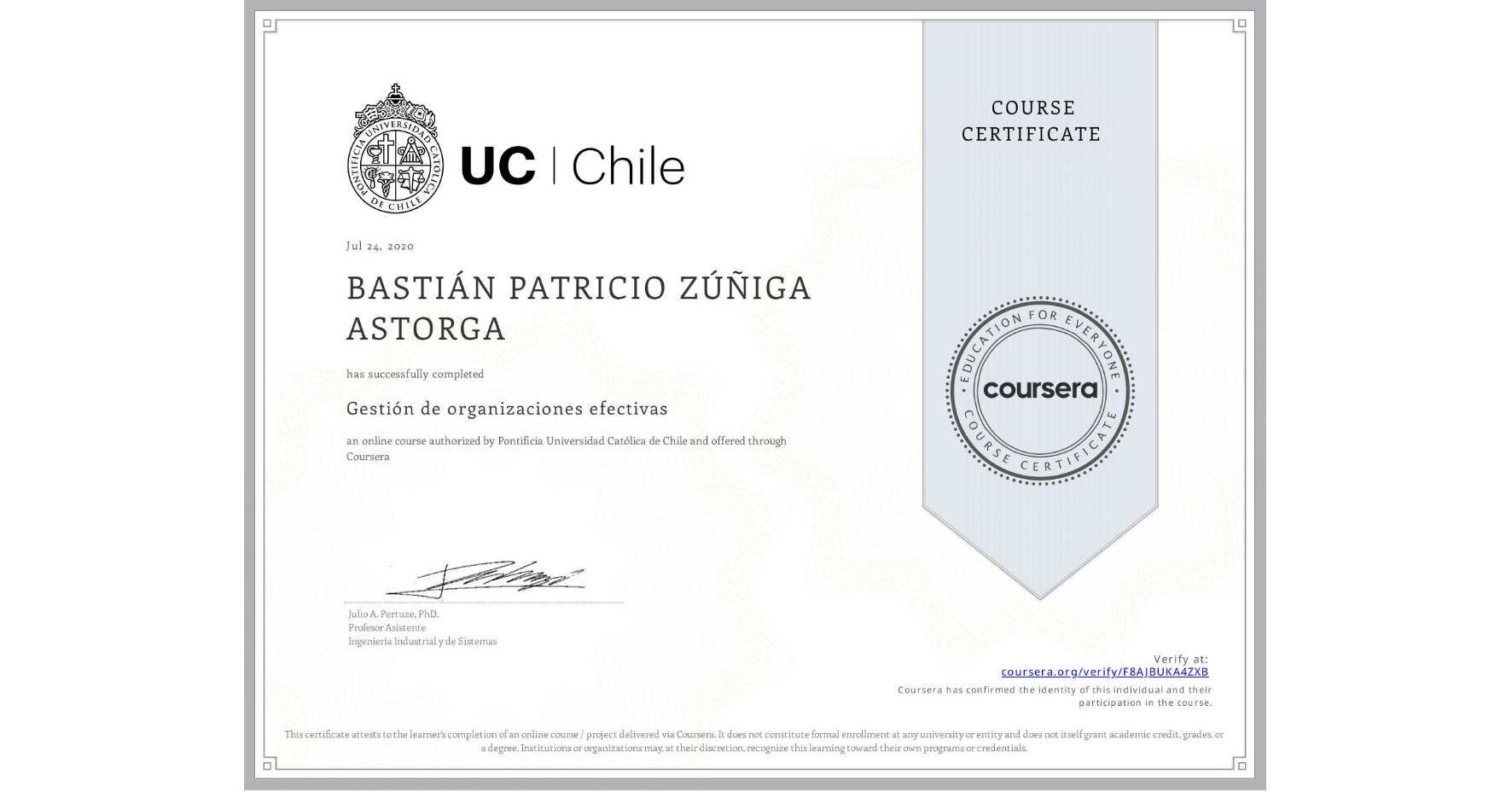 View certificate for BASTIÁN PATRICIO ZÚÑIGA ASTORGA, Gestión de organizaciones efectivas, an online non-credit course authorized by Pontificia Universidad Católica de Chile and offered through Coursera