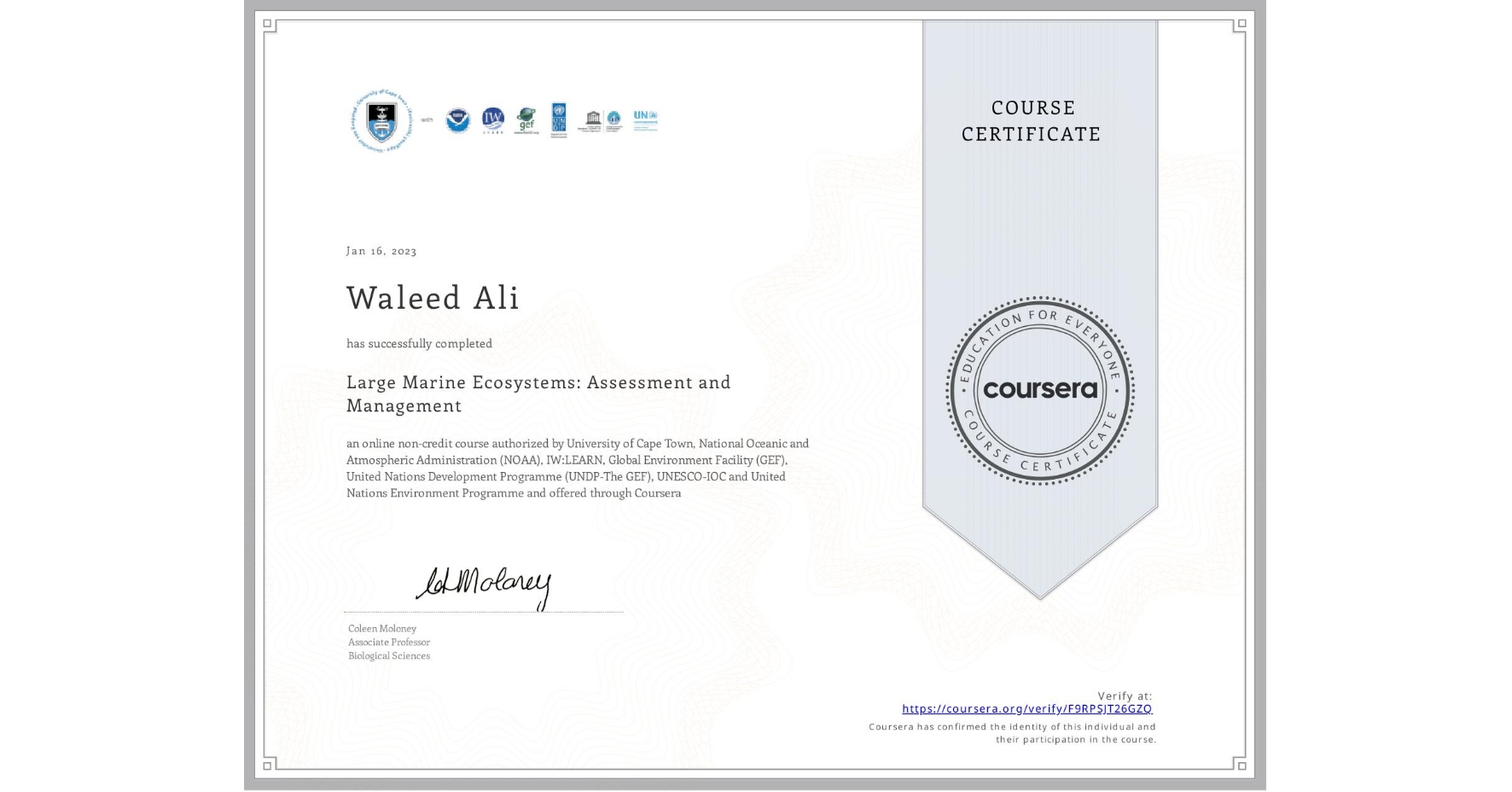 View certificate for Waleed Ali, Large Marine Ecosystems: Assessment and Management, an online non-credit course authorized by University of Cape Town, National Oceanic and Atmospheric Administration (NOAA), IW:LEARN, Global Environment Facility (GEF), United Nations Development Programme (UNDP-The GEF), UNESCO-IOC & United Nations Environment Programme and offered through Coursera