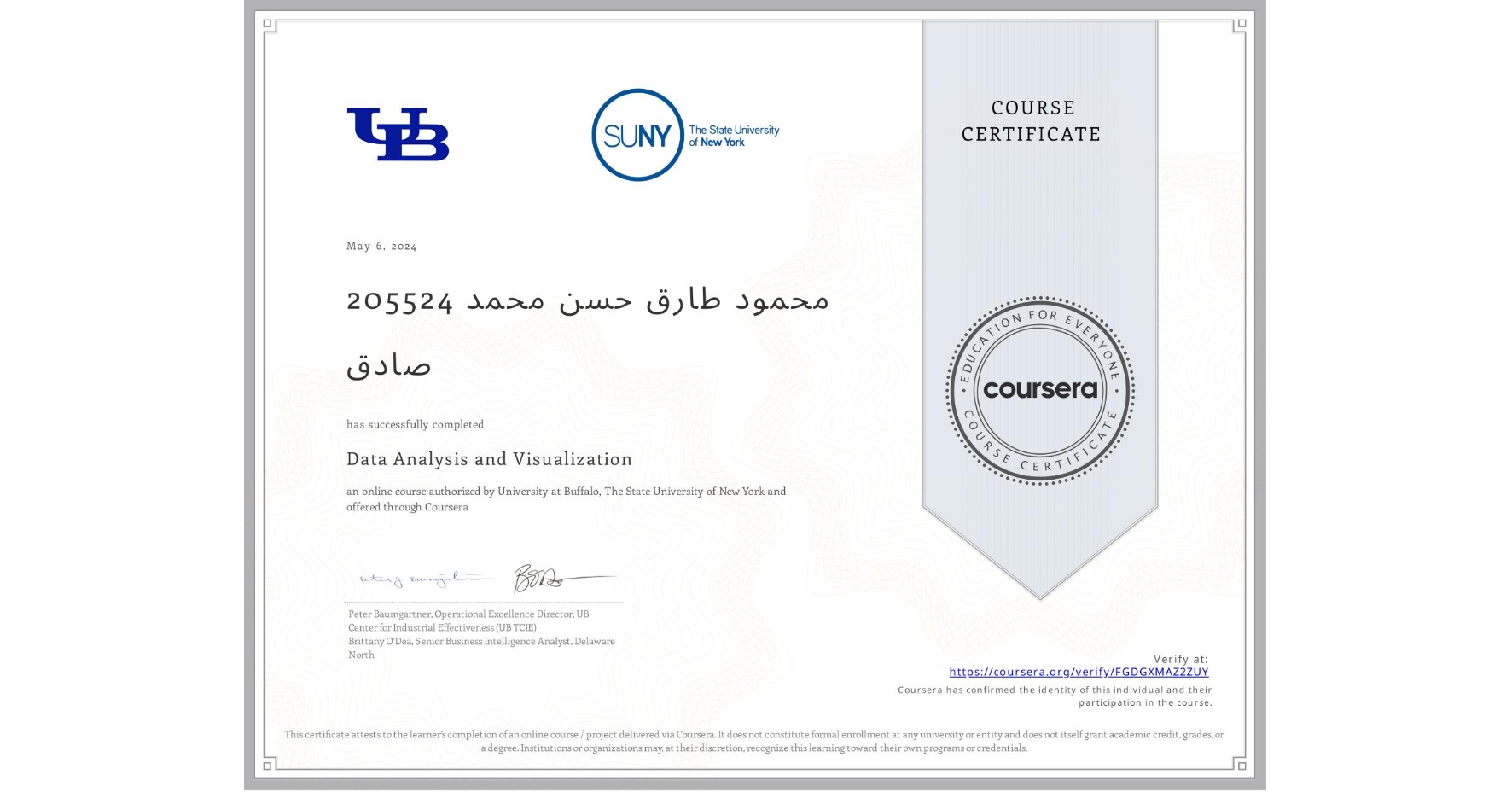 View certificate for 205524 محمود طارق حسن محمد صادق, Data Analysis and Visualization, an online non-credit course authorized by University at Buffalo & The State University of New York and offered through Coursera